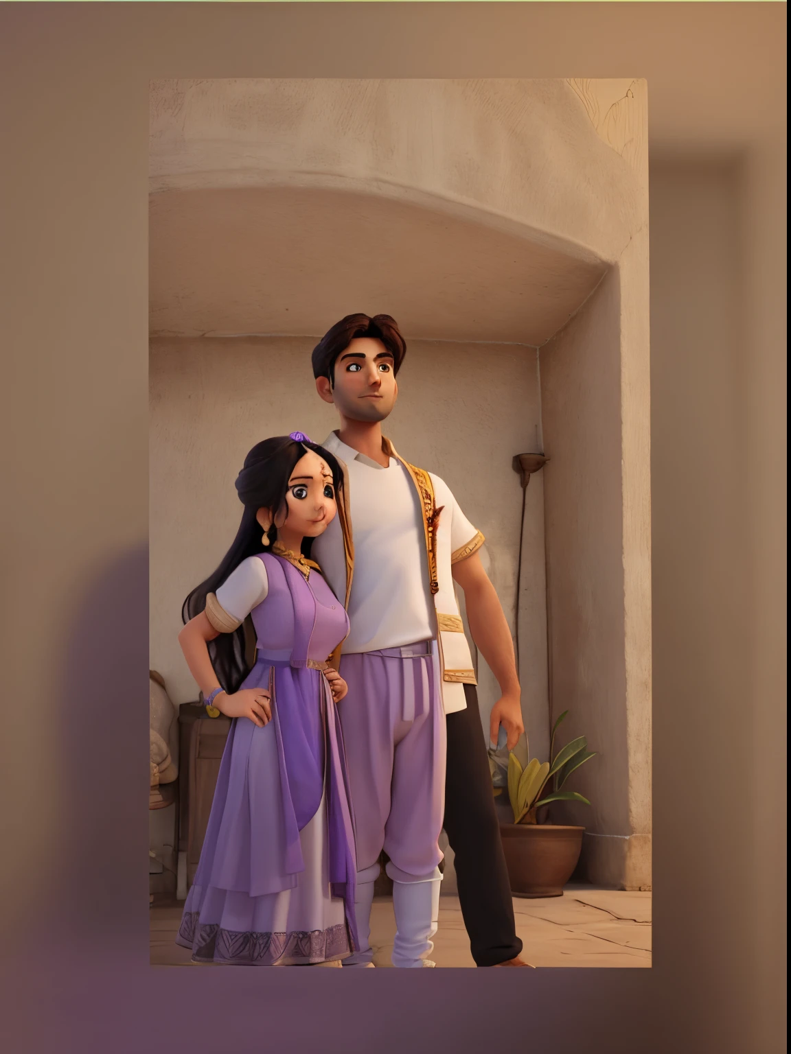 Couple standing together. Lady is wearing a purple Punjabi traditional outfit. The guy is wearing a white t-shirt with black trousers.