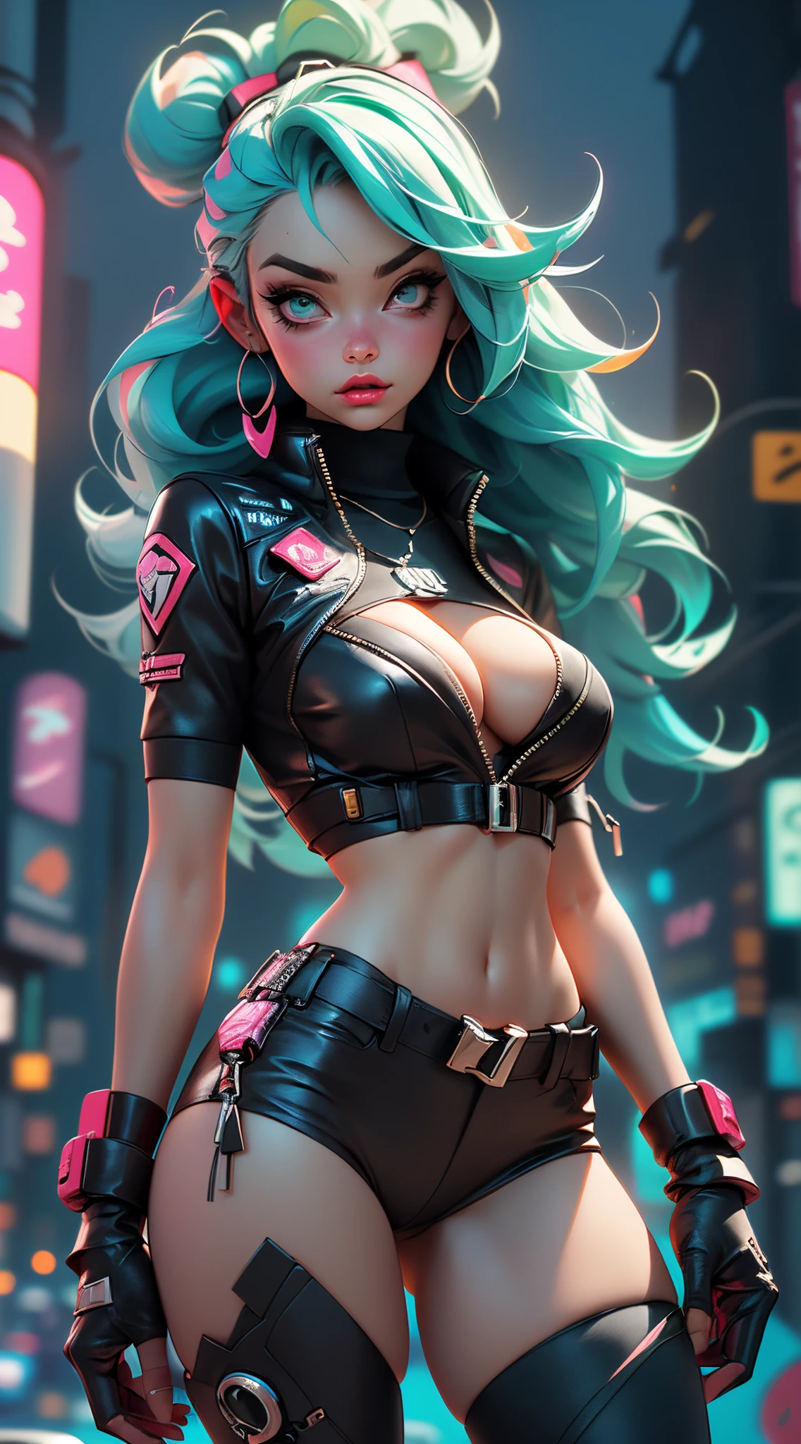 ((Best Quality, best resolution, award-winning portrait, official art)), ((perfect Masterpiece)), ((Realistic)) and ultra-detailed photography of a 1nerdy cyberpunk girl with goth and post apocalyptic colors. She has ((long mint colored hair)), wears a (Harajuku-inspired cyberpunk tech-wear top) and a (Harajuku-inspired cyberpunk tech-wear bottom:1.2) , ((the most beautiful and sexy aesthetic)), sexy, super huge enormously gigantic tits, cleavage showing, hot, sexy, seductive, slutty