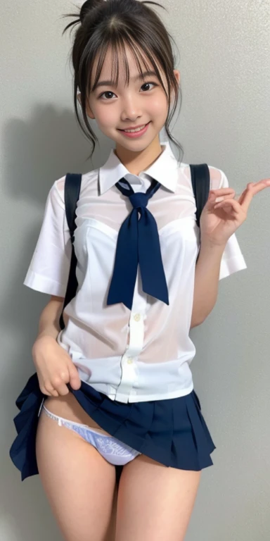 neat college girl、Bun hair、ite person、Outside the field、(Slimed、small tit、flat boobs、small tit)、Photorealsitic、detaileds, Skin Texture, ultra-detailliert、Delicate and sexy collarbone、A smile、Super Detailed Face、Detailed lips、A detailed eye、二重まぶた、White panties are visible from the skirt、sexy pose、((is standing、Schoolgirl Uniform、White panties are visible from the skirt、Sheer white shirt、Navy blue ribbon at the collar、Dark blue pleated micro mini、slightly lift the hem of the skirt with both hands,,,,,))