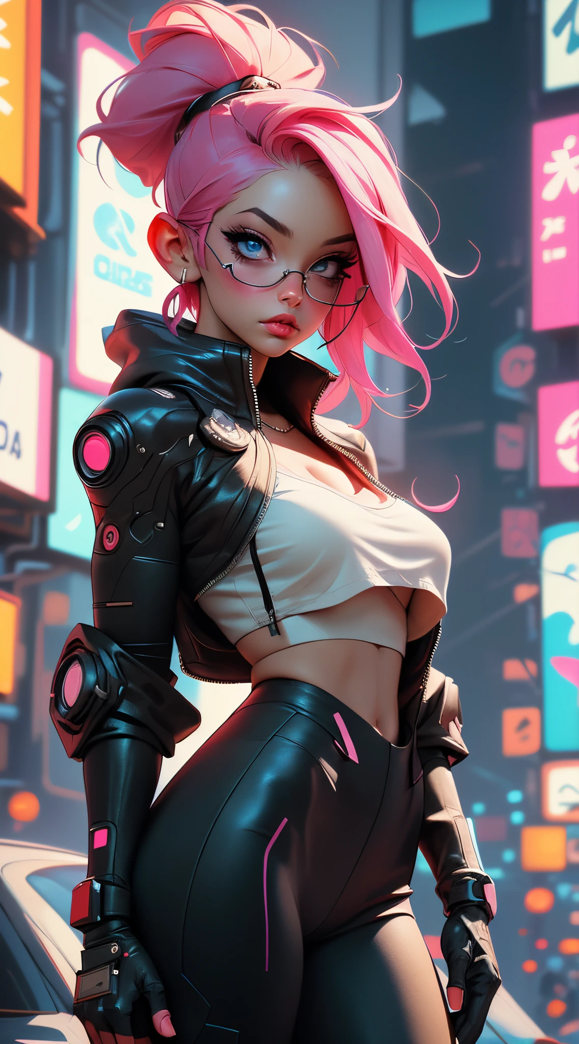 ((Best Quality, best resolution, award-winning portrait, official art)), ((perfect Masterpiece)), ((Realistic)) and ultra-detailed photography of a 1nerdy cyberpunk girl with goth and post apocalyptic colors. She has ((long caramel-colored hair)), wears a (Harajuku-inspired cyberpunk tech-wear top) and a (Harajuku-inspired cyberpunk tech-wear bottom:1.2) , ((the most beautiful and sexy aesthetic)), sexy, super huge enormously gigantic tits, cleavage showing, hot, sexy, seductive, slutty