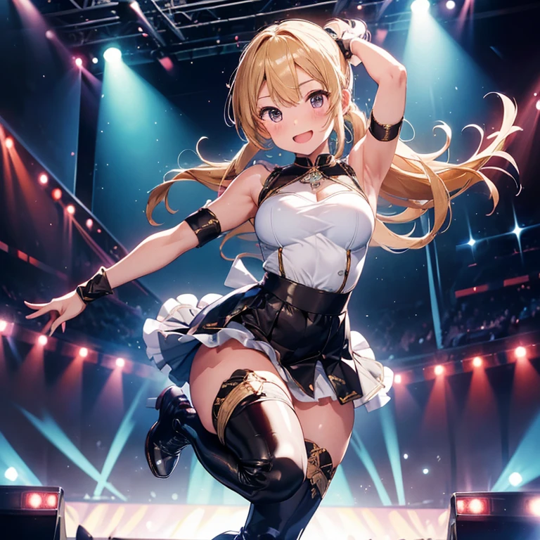 1girl, super cute, innocent, medium large breast, dancing ,  (kicking high  on the stage), (dynamic pose), (dynamic angle), perfect body, full of delight, smiling full of compassion, blushed. incoming kiss, fish kiss, half closed eye, half opened mouth,(extra long hair in high pony, beautiful blonde hair),  (wearing idol costume, putting on knee high boots ), ( the costume is glossy fabric, shining like pearl,a lot of flashy decoration), (full body shot), (focus on slim curve), In the stage show , dazzling Spotlight