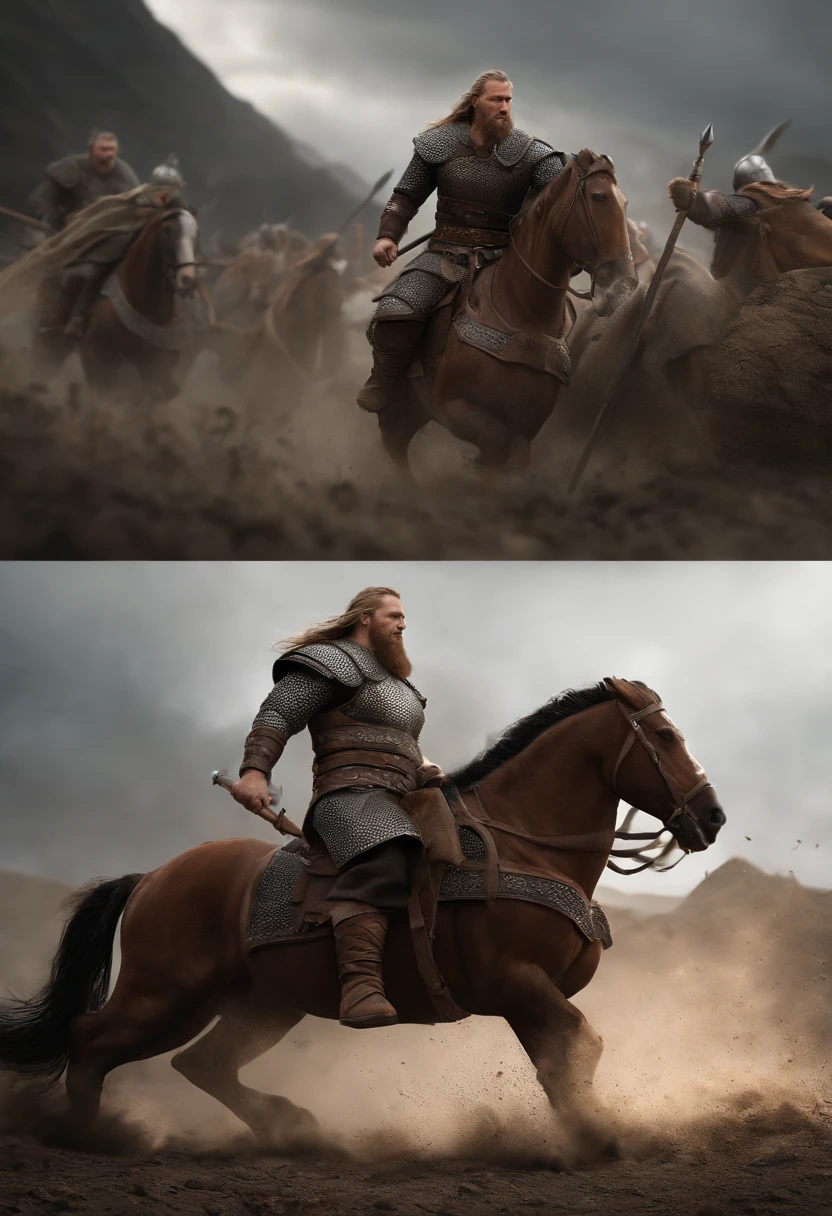 Envision a riveting scene of a battle-hardened viking charging fearlessly into the fray, covered in scars and dirt. Dive into micro-details to create a photorealistic depiction using Octane Render, capturing the intensity and realism of the moment.

Zoom in on the viking's weathered face, emphasizing the scars, dirt, and every facial detail that tells a story of countless battles. Illuminate the scene with dynamic lighting to enhance the photorealistic quality, casting shadows that add depth to the viking's fierce expression.

Highlight the viking's battle-worn attire with meticulous attention to micro-details, showcasing the textures, stains, and intricacies of the armor and clothing. Use Octane Render to bring out the realism in the materials, from the rugged leather to the metal elements that reflect the intensity of the charging motion.

Consider the environment, incorporating elements like flying debris, dynamic lighting, and a sense of motion to immerse the viewer in the chaos of battle. Utilize the rendering capabilities of Octane Render to create a visually stunning and photorealistic atmosphere that complements the viking's ferocity.

Imagine the viking in mid-charge, conveying a sense of movement and momentum. Capture the determination in his eyes, the grit on his face, and the energy of the charging pose. Craft an image that not only showcases photorealistic details but also evokes the raw emotion of the viking's fearless charge into battle.

This detailed prompt aims to inspire the creation of a fiercely realistic and photorealistic depiction of a viking charging into battle, using Octane Render to accentuate micro-details, textures, and the dynamic elements that contribute to the intensity of the scene.