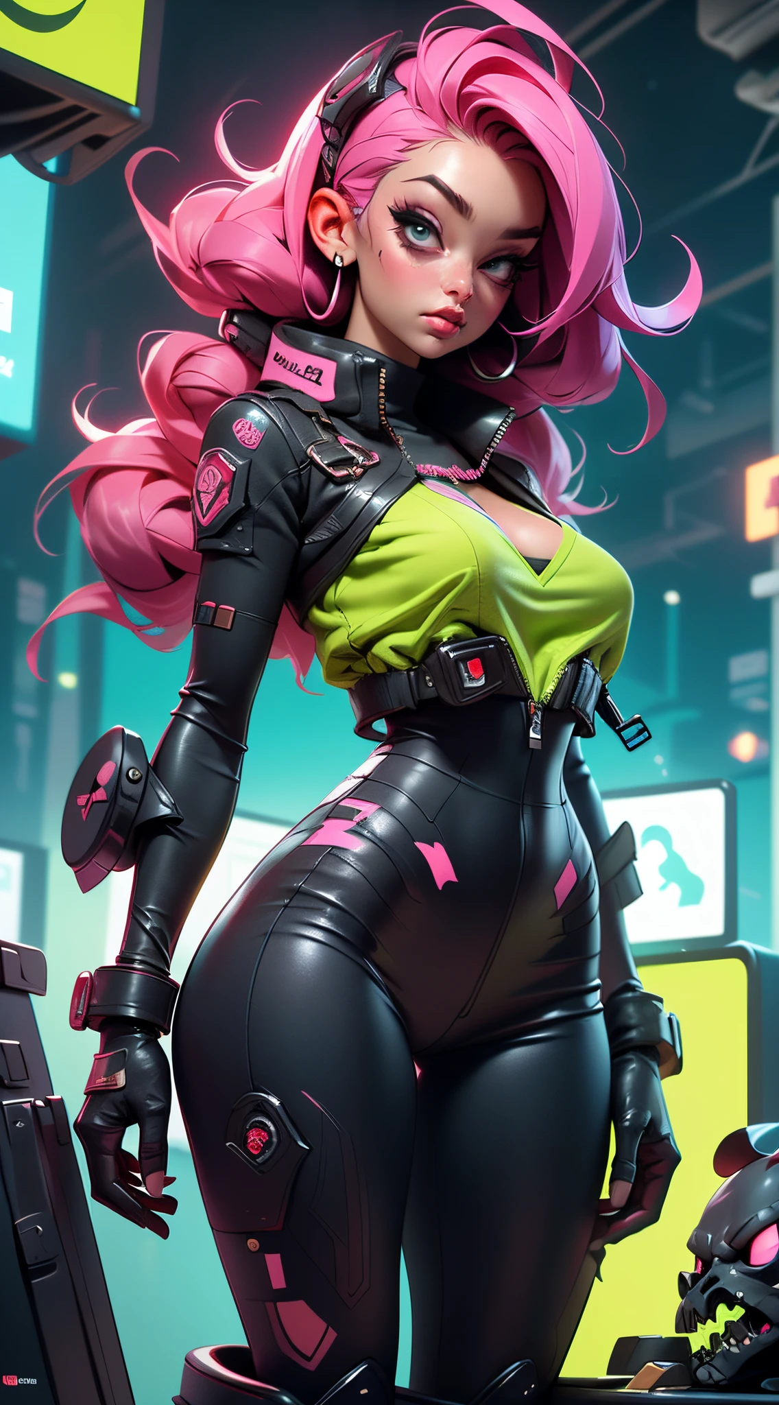 ((cyberpunk aesthetic)), (full body), (cyberware), (showing skin), (((large_breasts))), (pink_hair), (double bun hair), (red light district city background), (glowing lights), (starry night sky) (confident expression), (smug expression), (seductive), (pasties)