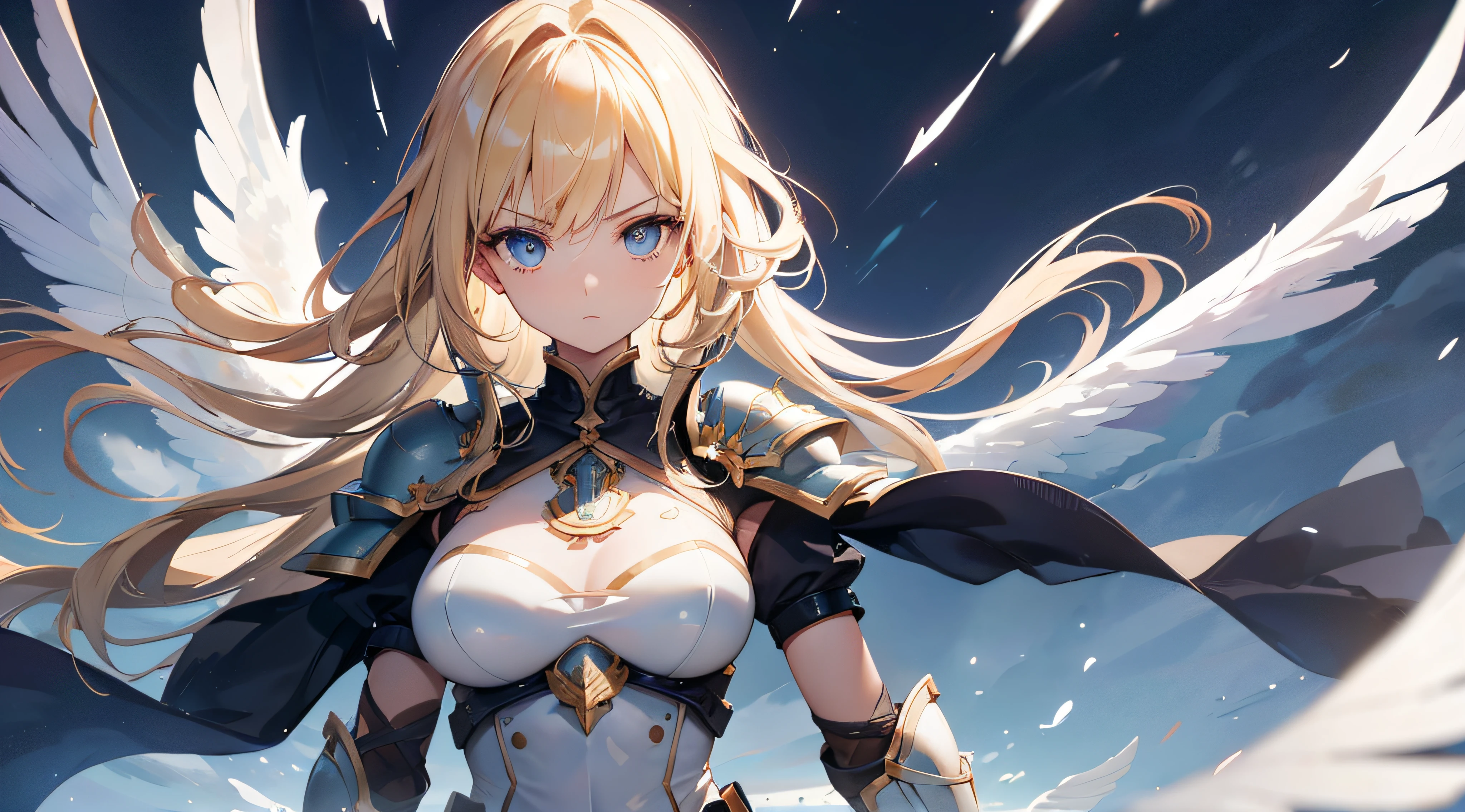 ((Ultra-detailed)), (top-quality),((masutepiece)), ((Super exciting)), ((8K)),((1440p)), ((extremely clear)), ((Very sophisticated)), (Anime quality), (。.3D), (photographic quality), (Best Illumination, Best Shadow), Solo, Upper body, lady, Archangel, Twin Wing, large wings, one white winged, Wide wings, beautiful wings, Detailed description of the wings, Beautiful eyeliner, long eyelashes, Thin eyebrows, Dark blue eyes, anime quality eyes, Clear eyes, upward-eyed, Clear Body, macular body, macular legs, a blond, Waving Hair, Big breasts, Beautiful breasts, heavy breasts, See-through, golden armour, Chest armor, Waist Armor, Shoulder Armor, armor on the arms, Leg armor, cloaks, Heavenly sky background, Stand before the sun, looking down on viewers, Many white feathers are dancing in the air, Eye level angle, Looks scary, angry looking, Detailed face description, elegant hair accessories, buttle, Realistic skin texture, Healthy skin, Light shines in, gleaming, shiny-glistening, closes mouth, flash cheek, glistning skin, skin bright, thunder lightning, Windy, cloudy, folding arms, Hide hands,