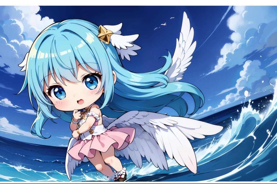 Cute Chibi Characters dynamic mode With the Wings of an Angel、Flying in the sky、long hair with blue hair((Chibi Chara))、cross over the splashing waves、Colorful costume with frills、girl with、Chibi Chara、full body Esbian、masutepiece、top-quality、Large in the center