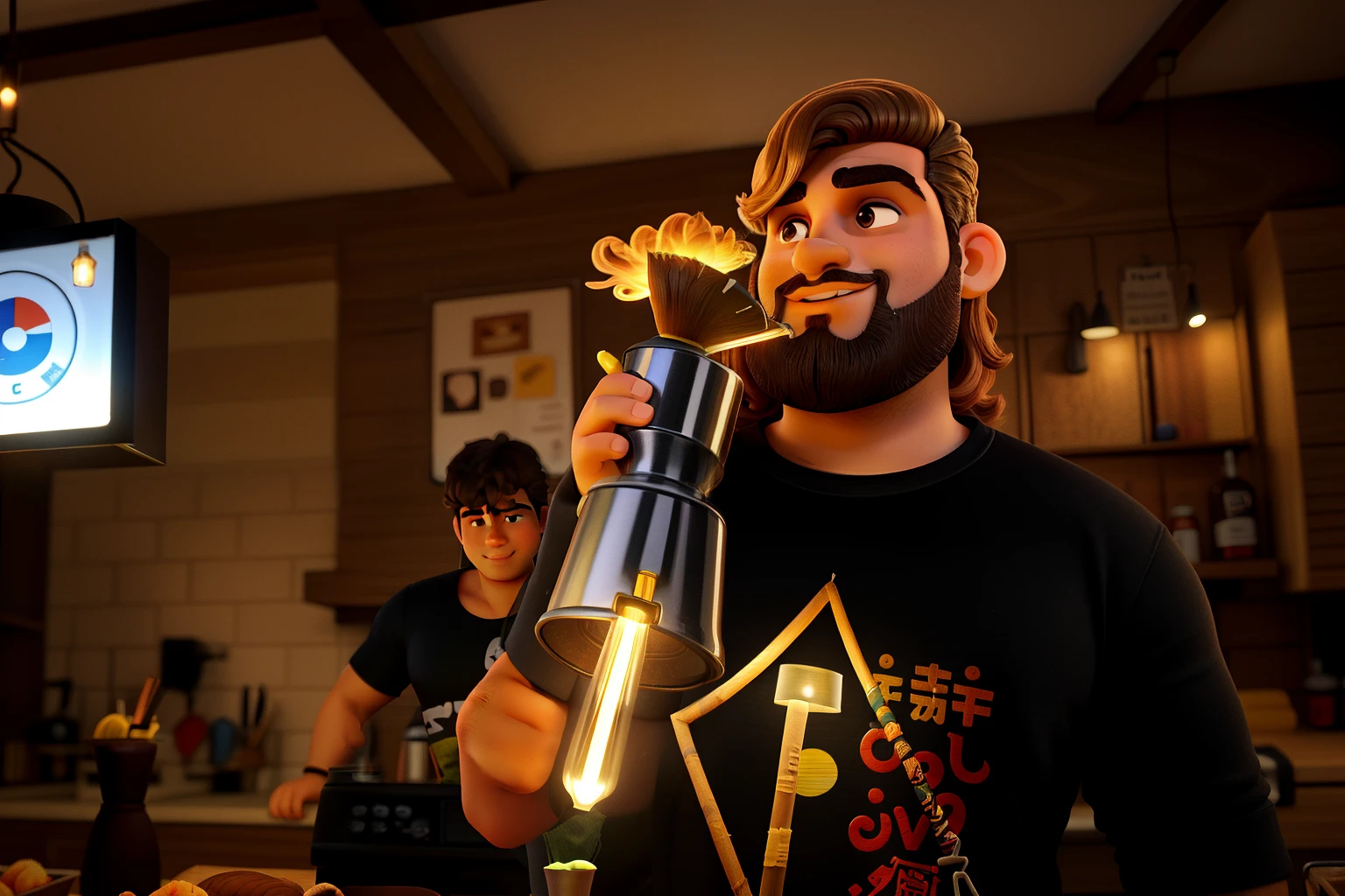 Um gordinho de cabelo cortado em volta de uma cadeira de barbeiroaltura de 1,70, illuminated by the light of a lamp, contra o pano de fundo de uma barbearia