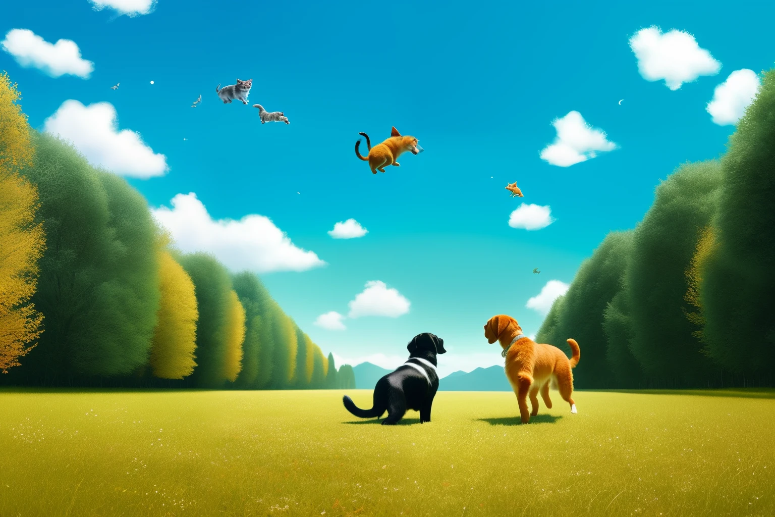 there is a cat and a dog running together in the air, painting digital adorable, arte digital bonito, Directed by: Dechko Uzunov, arte digital detalhada bonito, pet animal, Tiny cat riding a Labrador, High quality illustration, arte fofa, papel de parede de alta qualidade, Directed by: Yang Borun, Directed by: Nikola Avramov, arte detalhada bonito
