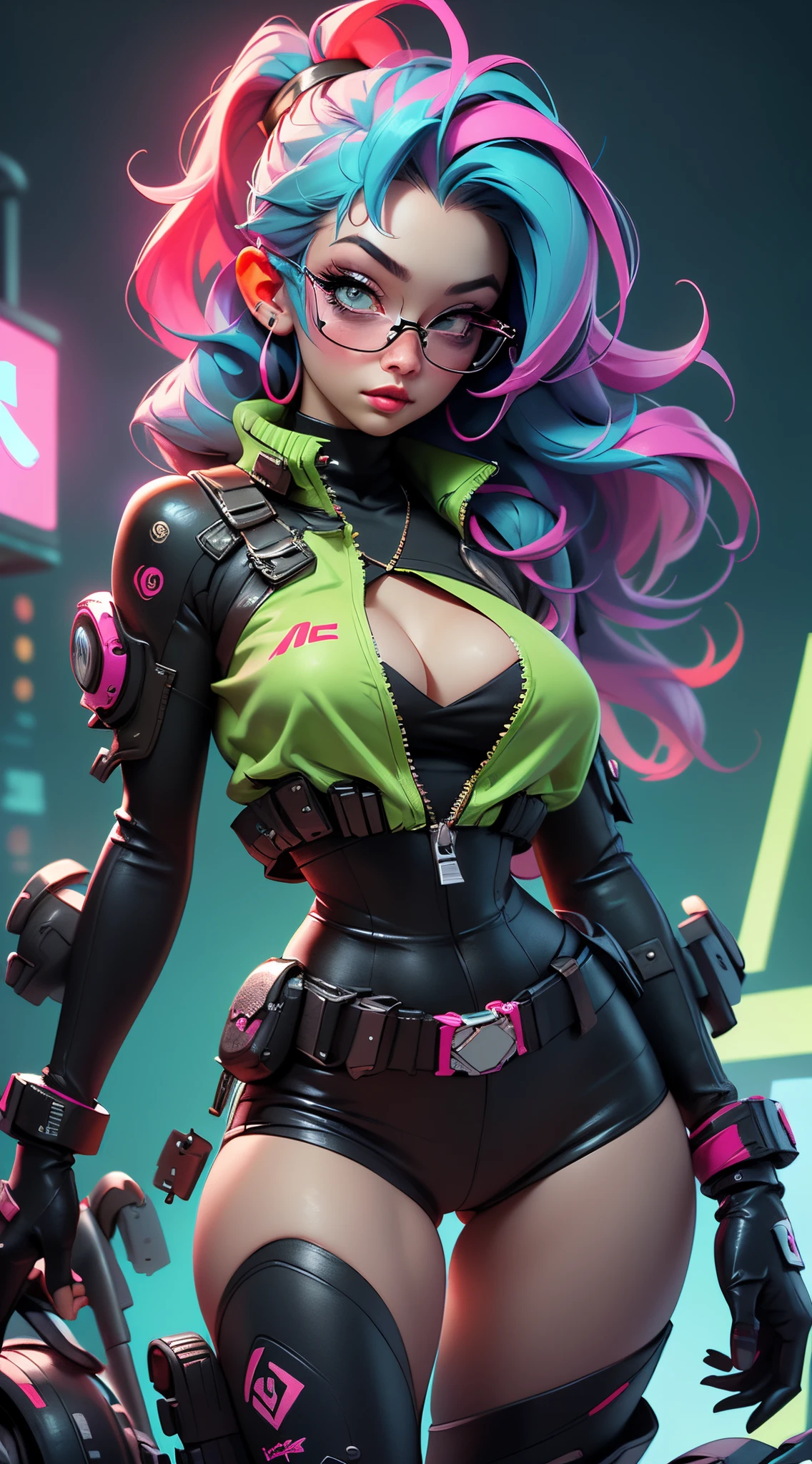 ((Best Quality, best resolution, award-winning portrait, official art)), ((perfect Masterpiece)), ((Realistic)) and ultra-detailed photography of a 1nerdy cyberpunk girl with goth and post apocalyptic colors. She has ((long mint colored hair)), wears a (Harajuku-inspired cyberpunk tech-wear top) and a (Harajuku-inspired cyberpunk tech-wear bottom:1.2) , ((the most beautiful and sexy aesthetic)), sexy, super huge enormously gigantic tits, cleavage showing, hot, sexy, seductive, slutty