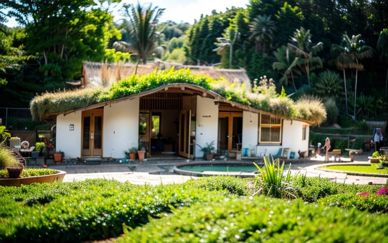 A photograph of a symmetrical contemporary house with (((one waved green roof))) and (((biological pool))) in a tropical backyard, mustard yellow terracota plaster walls (((rustic clay stucco))), ((corner walls rounded)), ((rustic clay plaster)), (((terracotta walls with rounded corners, organic curves))), (((rustic earth plaster, mud))), (((wave-shaped green roof with wooden edge))), (((wooden roof structure, wooden rake, wooden fascia board))), eaves, porch with wooden pillar, ((roof with wooden structure)), In Bali (((Tropical garden))), ((natural houses, organic buildings, organic architecture)), Ecovillage, sustainable architecture, Bioconstruction architecture, solarpunk architecture, (((grass roof, green roof, green wave roof, rounded roof, vegetated roofs))), ((green architecture)), Passive house, (((Rock Foundation))), Clear sky in the background, painful beauty, modern, imposing, green house, ((Bali hobbit Hadid Style)), super resolution, cinematic, color grading, editorial photography, photography, photo shoot, (((dramatic front eye top angle view))), O 50mm, depth of field, intricate details, natural colors, sharp focus, warm light, shutter speed 1/1000, F/22, White Balance, Ray Trace Reflections, Lumen Reflections, Screen Space Reflections, Diffraction Rating, Chromatic Aberration, GB Shift, Partial Lighting, Backlighting, Daylighting, Scan Lines, ambient occlusion, antialiasing, shaders, OpenGL-Shaders, GLSL-Shaders, Post-processing, post-production, shading, tone mapping, incredibly detailed and complex, hypermaximalist, elegant, hyperrealistic, super detailed, dynamic pose, Fujifilm XT