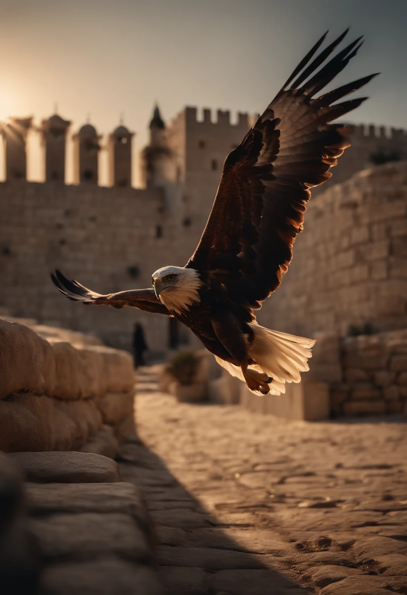 City of Jerusalem in the afternoon at dusk and an eagle flying overhead、rabbit on the ground