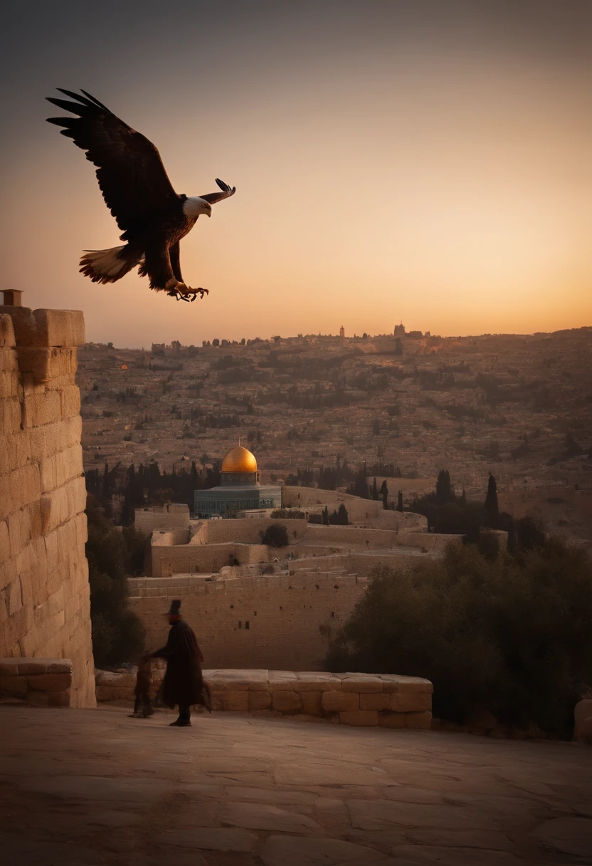 City of Jerusalem in the afternoon at dusk and an eagle flying overhead、rabbit on the ground