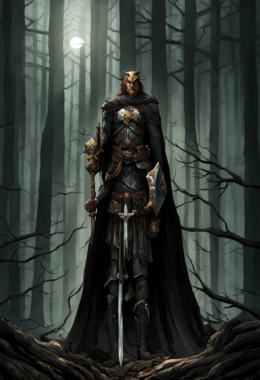 In the dark and deep forest、A rusty sword is stuck deep in the ground.....。There'A faint light shines there。A double-headed eagle flies above it and looks down on it...。