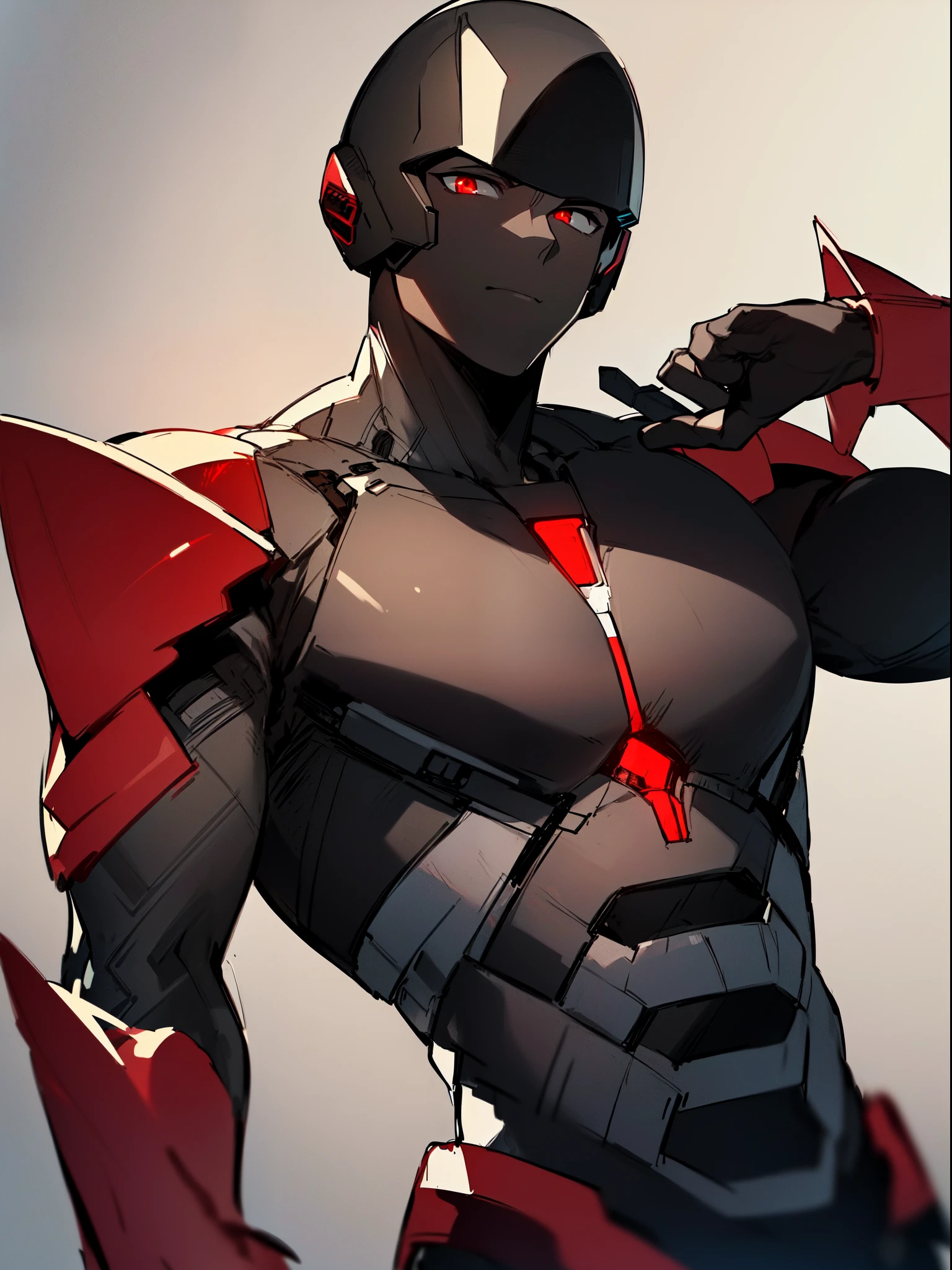 ((dark skin)), ((cybernetics)), ((black bodyarmor), ((red bodysuit)), ((android)), ((muscular body)), ((mature male)), 1boy, beautifully drawn, high resolution illustration, best quality, High definition, ((detailed anime sketch)), Masterpiece, (solo), absurdres, detailed background, fine detail, male focus, HDR, ((red eyes)),