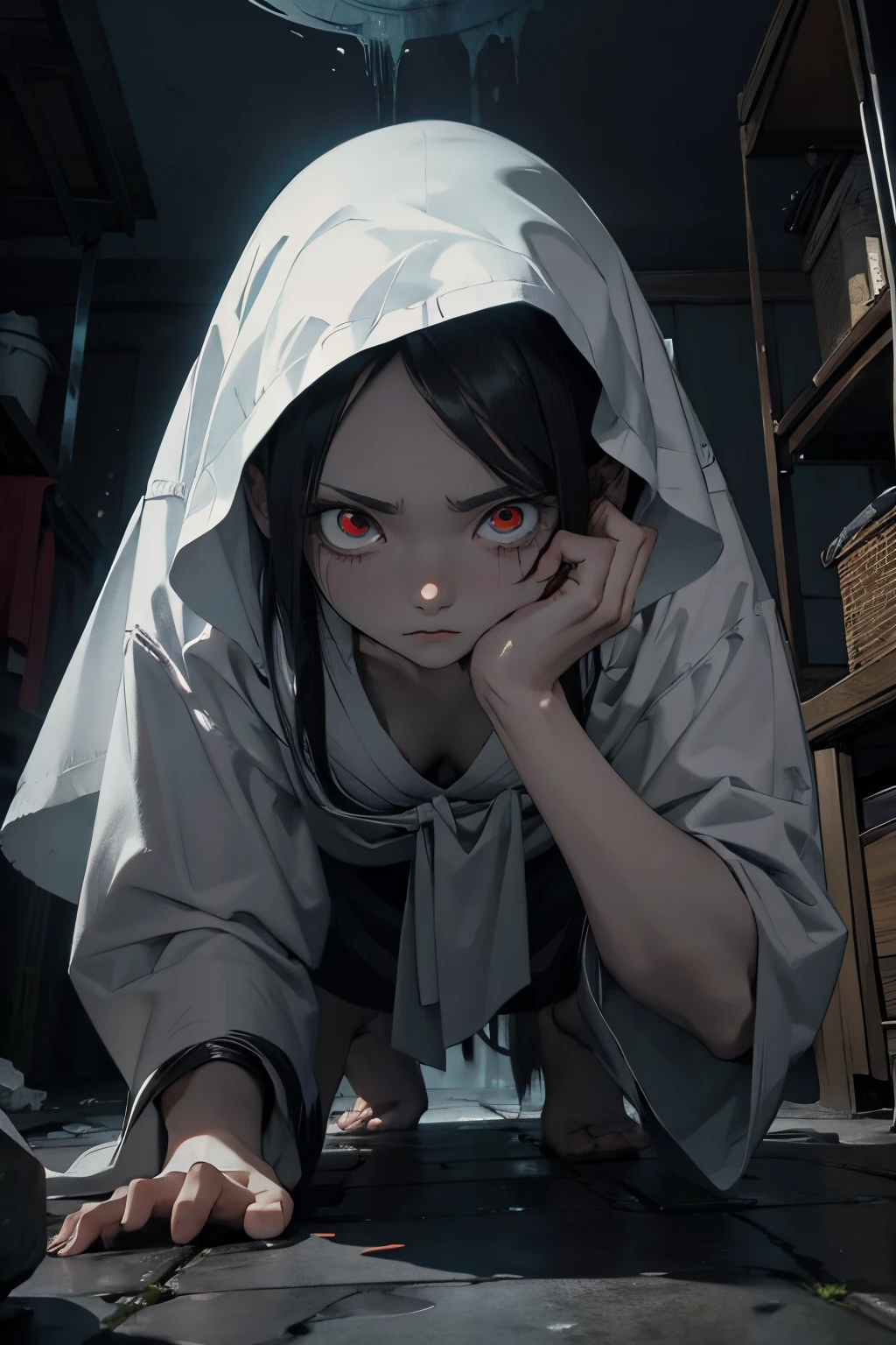 (tmasterpiece, Best quality at best:1.4), (realistically:1.3), ((scary ghost)), natta,Scary female ghost,red - eyed,Glows red,Fluffy black hair covers his face,Sadako,horror movie pictures,white dresses,crawling,like a giant spider,lies on the ground,crawling,crawling,thick black air,In the background is the bedroom,halloween mood, scare, creepy scenery,