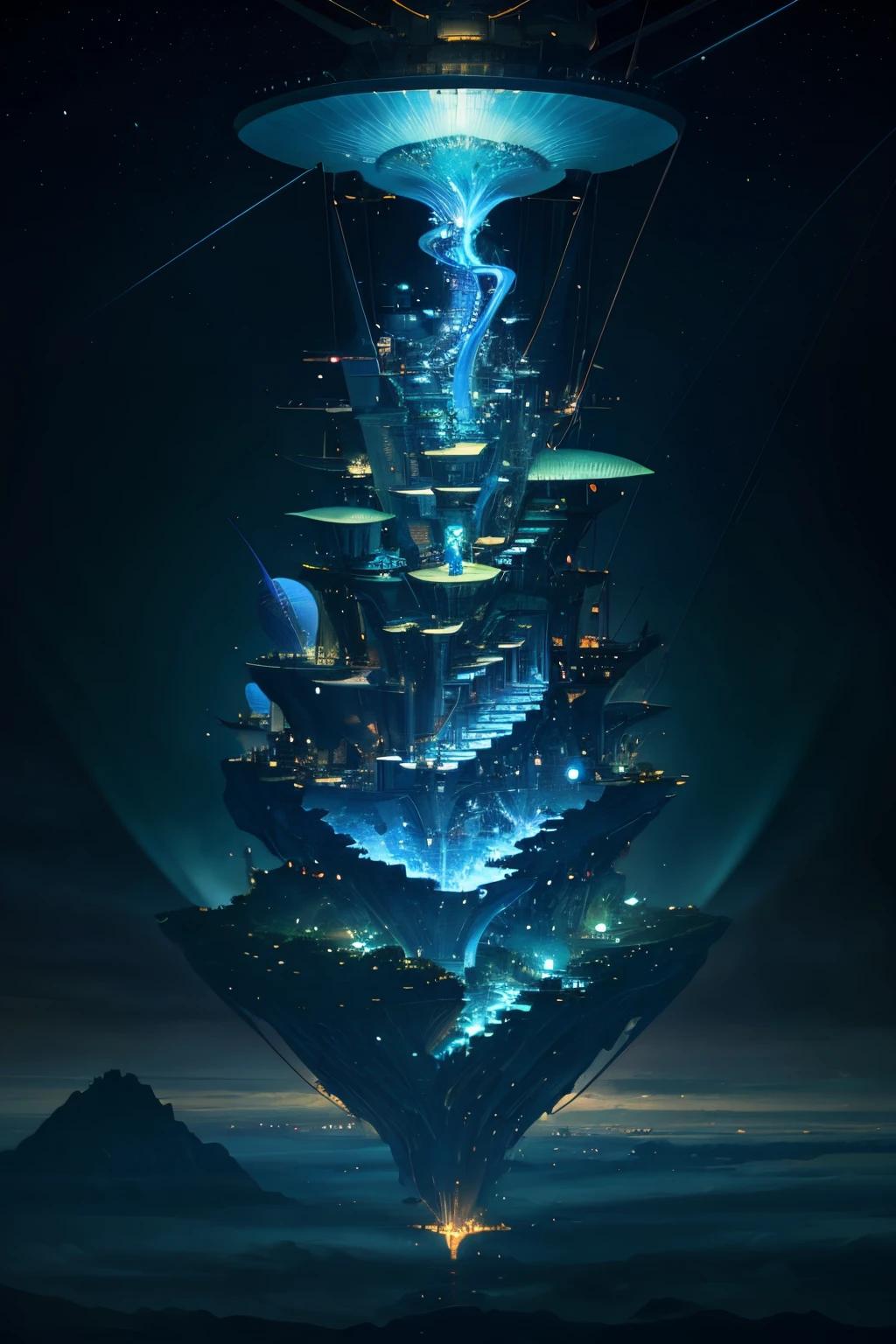 Many islands suspended in the sky, many blimps flying around, city, fantasy, magical plant growth, extreme detail, realistic light, epic composition, (complex detail), (complex design, ultra detail: 1.2) , Art Station, (Masterpiece, Best Quality), Ultra HD, Cyberpunk --v 6