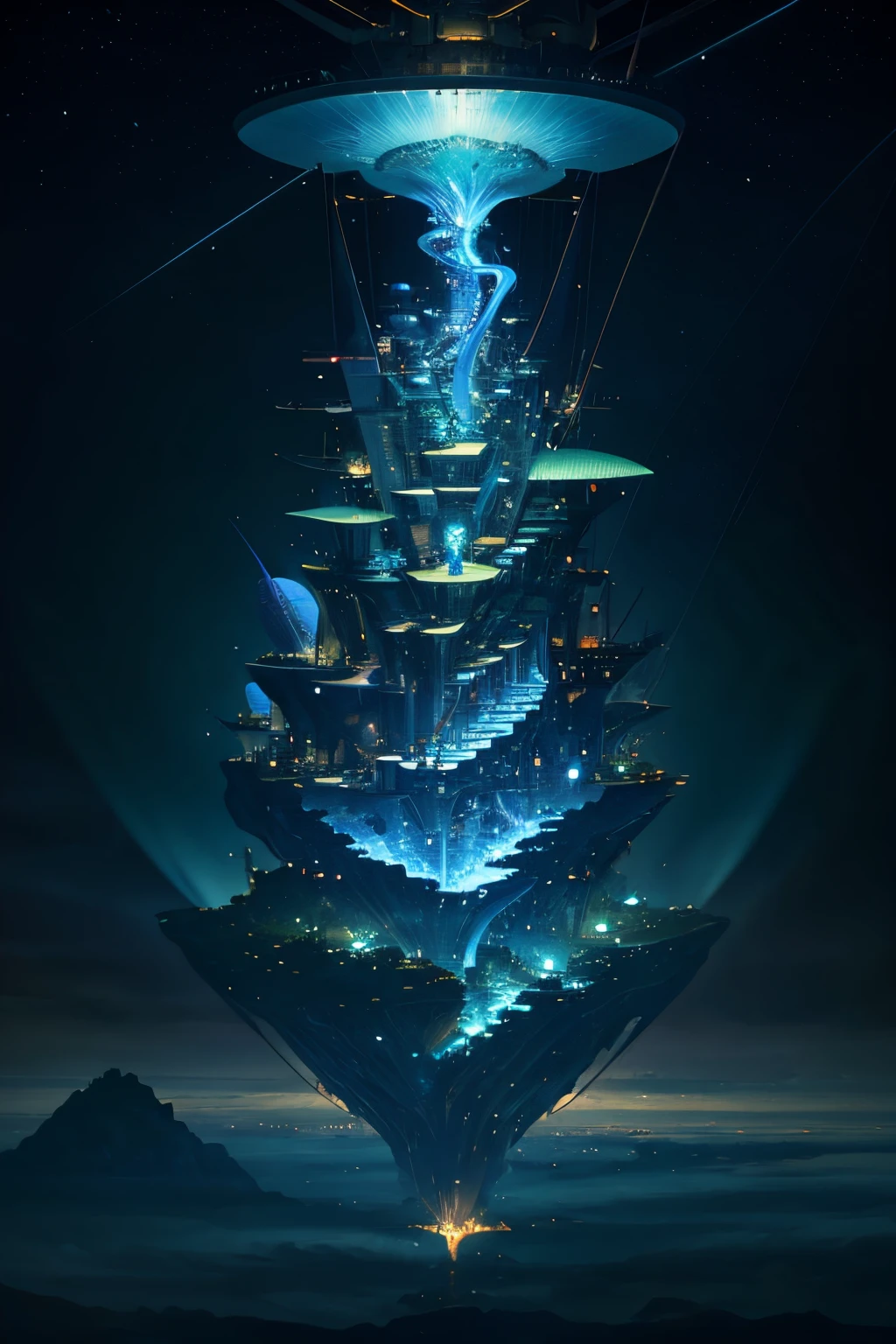 Many islands suspended in the sky, many blimps flying around, city, fantasy, magical plant growth, extreme detail, realistic light, epic composition, (complex detail), (complex design, ultra detail: 1.2) , Art Station, (Masterpiece, Best Quality), Ultra HD, Cyberpunk --v 6