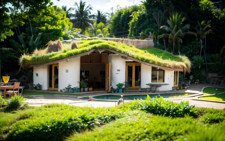 A photograph of a symmetrical contemporary house with (((one waved green roof))) and (((biological pool))) in a tropical backyard, mustard yellow terracota plaster walls (((rustic clay stucco))), ((corner walls rounded)), ((rustic clay plaster)), (((terracotta walls with rounded corners, organic curves))), (((rustic earth plaster, mud))), (((wave-shaped green roof with wooden edge))), (((wooden roof structure, wooden rake, wooden fascia board))), eaves, porch with wooden pillar, ((roof with wooden structure)), In Bali (((Tropical garden))), ((natural houses, organic buildings, organic architecture)), Ecovillage, sustainable architecture, Bioconstruction architecture, solarpunk architecture, (((grass roof, green roof, green wave roof, rounded roof, vegetated roofs))), ((green architecture)), Passive house, (((Rock Foundation))), Clear sky in the background, painful beauty, modern, imposing, green house, ((Bali hobbit Hadid Style)), super resolution, cinematic, color grading, editorial photography, photography, photo shoot, (((dramatic front eye top angle view))), O 50mm, depth of field, intricate details, natural colors, sharp focus, warm light, shutter speed 1/1000, F/22, White Balance, Ray Trace Reflections, Lumen Reflections, Screen Space Reflections, Diffraction Rating, Chromatic Aberration, GB Shift, Partial Lighting, Backlighting, Daylighting, Scan Lines, ambient occlusion, antialiasing, shaders, OpenGL-Shaders, GLSL-Shaders, Post-processing, post-production, shading, tone mapping, incredibly detailed and complex, hypermaximalist, elegant, hyperrealistic, super detailed, dynamic pose, Fujifilm XT