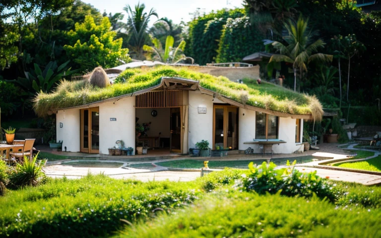 A photograph of a symmetrical contemporary house with (((one waved green roof))) and (((biological pool))) in a tropical backyard, mustard yellow terracota plaster walls (((rustic clay stucco))), ((corner walls rounded)), ((rustic clay plaster)), (((terracotta walls with rounded corners, organic curves))), (((rustic earth plaster, mud))), (((wave-shaped green roof with wooden edge))), (((wooden roof structure, wooden rake, wooden fascia board))), eaves, porch with wooden pillar, ((roof with wooden structure)), In Bali (((Tropical garden))), ((natural houses, organic buildings, organic architecture)), Ecovillage, sustainable architecture, Bioconstruction architecture, solarpunk architecture, (((grass roof, green roof, green wave roof, rounded roof, vegetated roofs))), ((green architecture)), Passive house, (((Rock Foundation))), Clear sky in the background, painful beauty, modern, imposing, green house, ((Bali hobbit Hadid Style)), super resolution, cinematic, color grading, editorial photography, photography, photo shoot, (((dramatic front eye top angle view))), O 50mm, depth of field, intricate details, natural colors, sharp focus, warm light, shutter speed 1/1000, F/22, White Balance, Ray Trace Reflections, Lumen Reflections, Screen Space Reflections, Diffraction Rating, Chromatic Aberration, GB Shift, Partial Lighting, Backlighting, Daylighting, Scan Lines, ambient occlusion, antialiasing, shaders, OpenGL-Shaders, GLSL-Shaders, Post-processing, post-production, shading, tone mapping, incredibly detailed and complex, hypermaximalist, elegant, hyperrealistic, super detailed, dynamic pose, Fujifilm XT