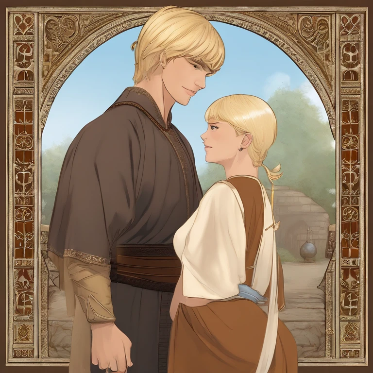 Osferth is tall and lean but muscular, with sandy blonde hair styled in a bowl cut. he has bright blue eyes and dresses like a medieval monk. Turi is short and slim but has curvy breasts and hips. she has long pale gold hair and soft brown eyes. she wears light sundresses,null,Osferth is tall and lean but muscular, with sandy blonde hair styled in a bowl cut. he has bright blue eyes and dresses like a medieval monk. Turi is short and slim but has curvy breasts and hips. she has long pale gold hair and soft brown eyes. she wears light sundresses,face,photo