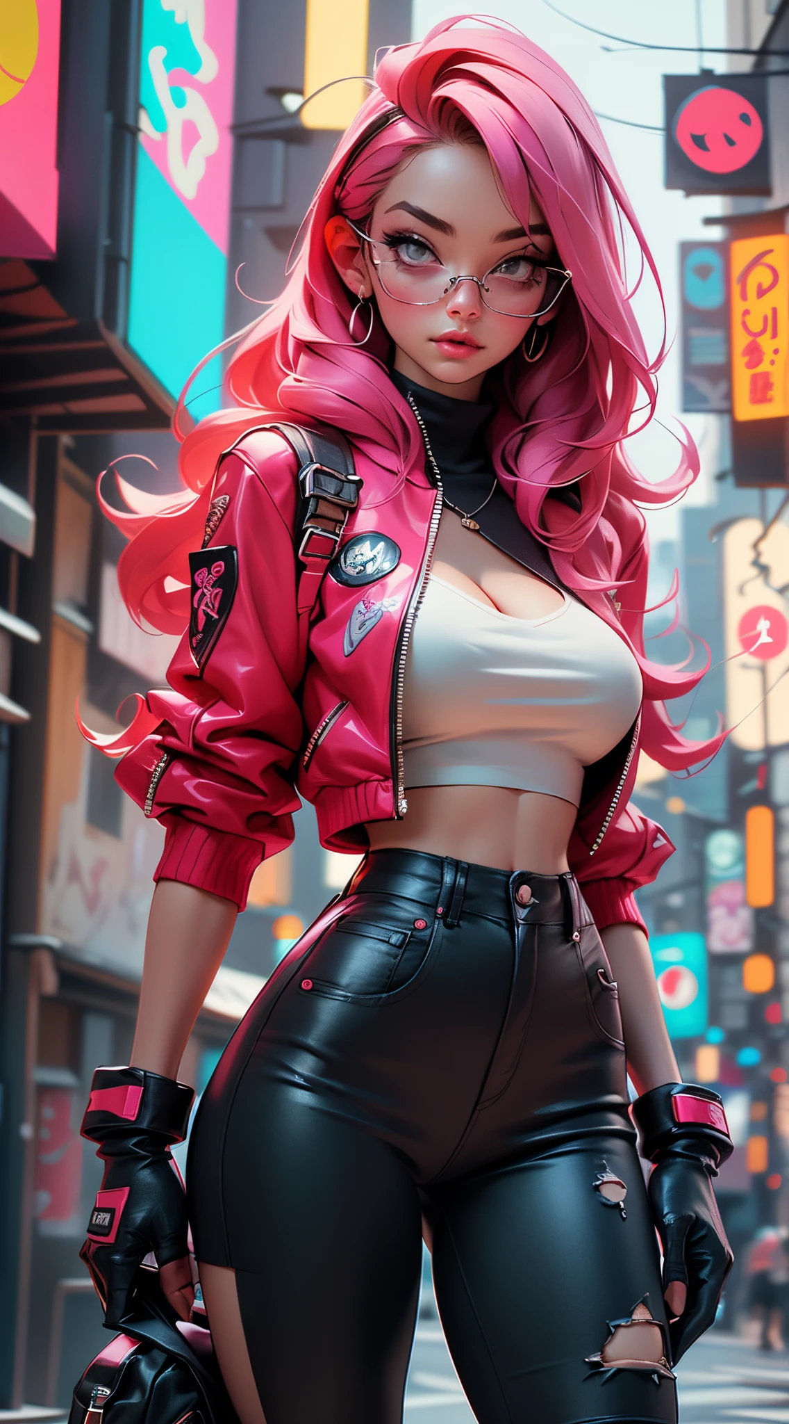 ((Best Quality, best resolution, award-winning portrait, official art)), ((perfect Masterpiece)), ((Realistic)) and ultra-detailed photography of a 1nerdy cyberpunk girl with goth and post apocalyptic colors. She has ((long red hair)), wears a (Harajuku-inspired cyberpunk tech-wear top) and a (Harajuku-inspired cyberpunk tech-wear bottom:1.2) , ((the most beautiful and sexy aesthetic)), sexy, super huge enormously gigantic tits, cleavage showing, hot, sexy, seductive, slutty