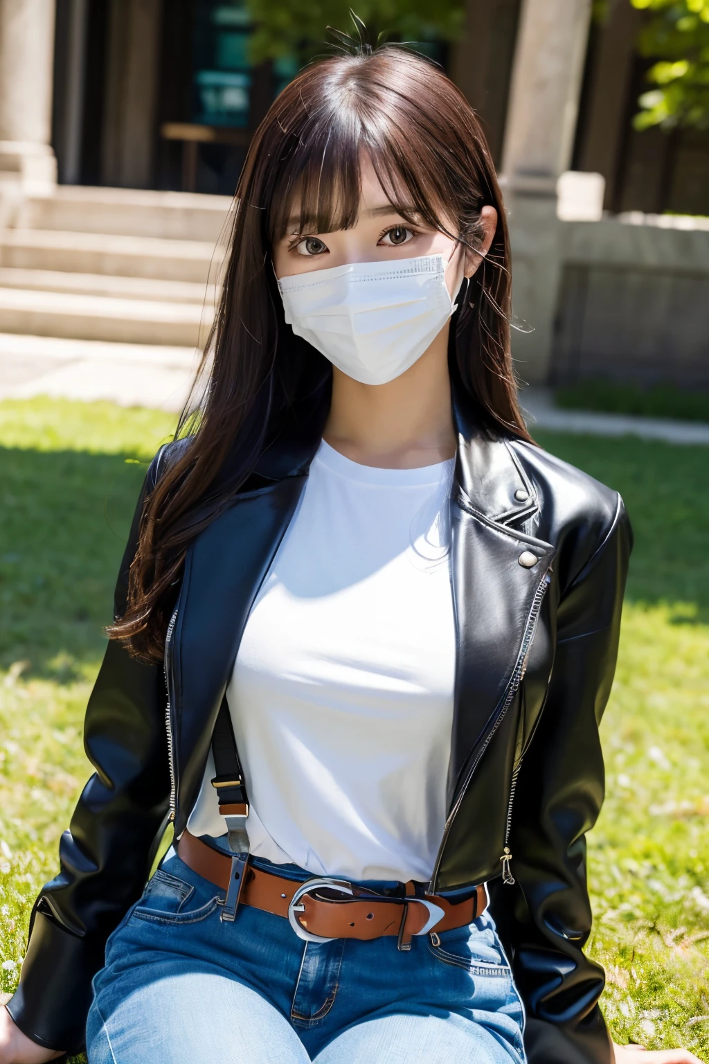 ​masterpiece、top-quality、The ultra -The high-definition、、colourfull、flat-colors、depth of fields、lens flare 1 girl、、A dark-haired、watching at viewers　holster　bobby　Cutter shirt　a belt　suspenders　working adults　materia　OL　　Black jacket　glares　large full 　JINS　jeans　 Face sitting
Waiting to start　masks