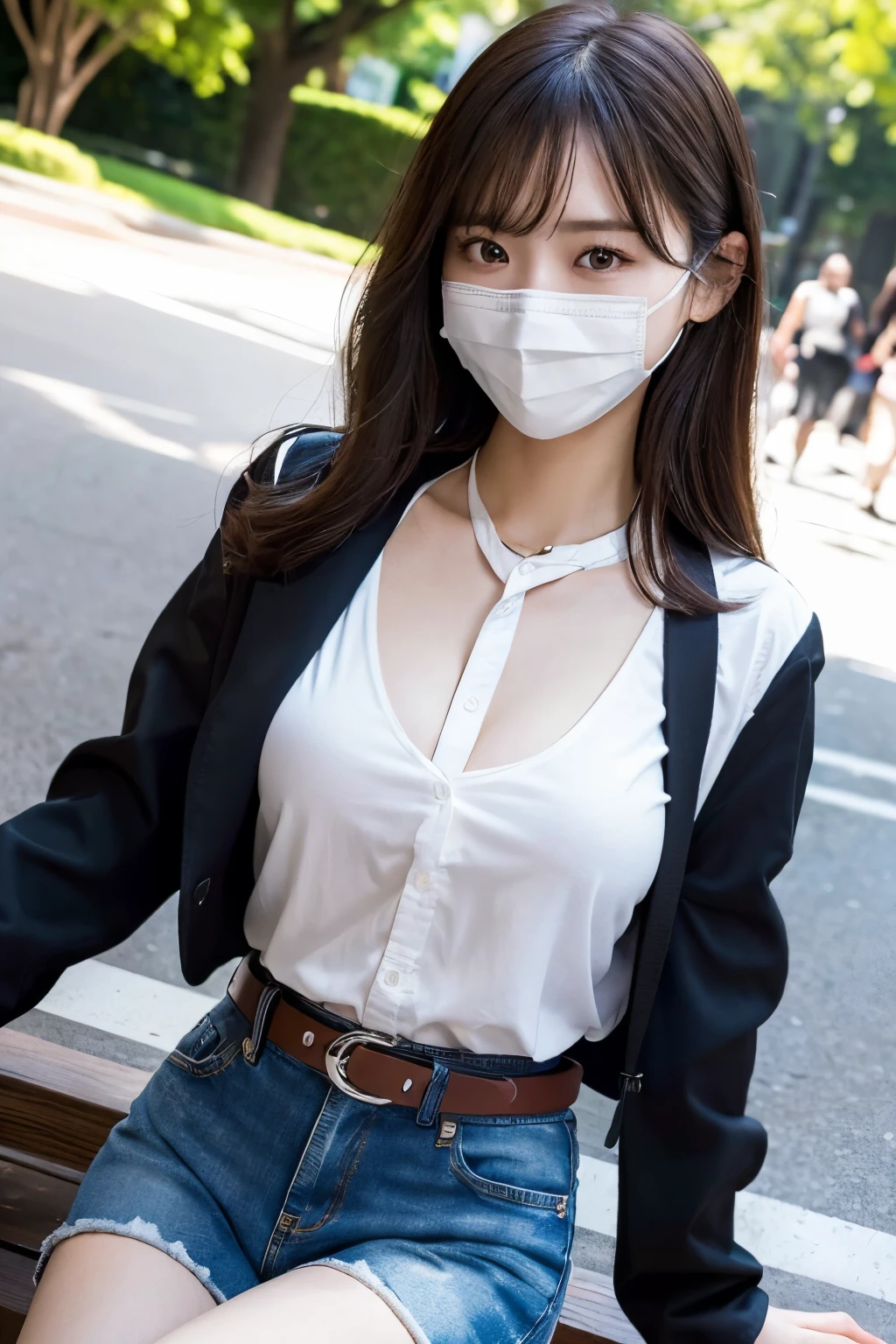 ​masterpiece、top-quality、The ultra -The high-definition、、colourfull、flat-colors、depth of fields、lens flare 1 girl、、A dark-haired、watching at viewers　holster　bobby　Cutter shirt　a belt　suspenders　working adults　materia　OL　　Black jacket　glares　large full breasts　JINS　jeans　 Face sitting
Waiting to start　masks
