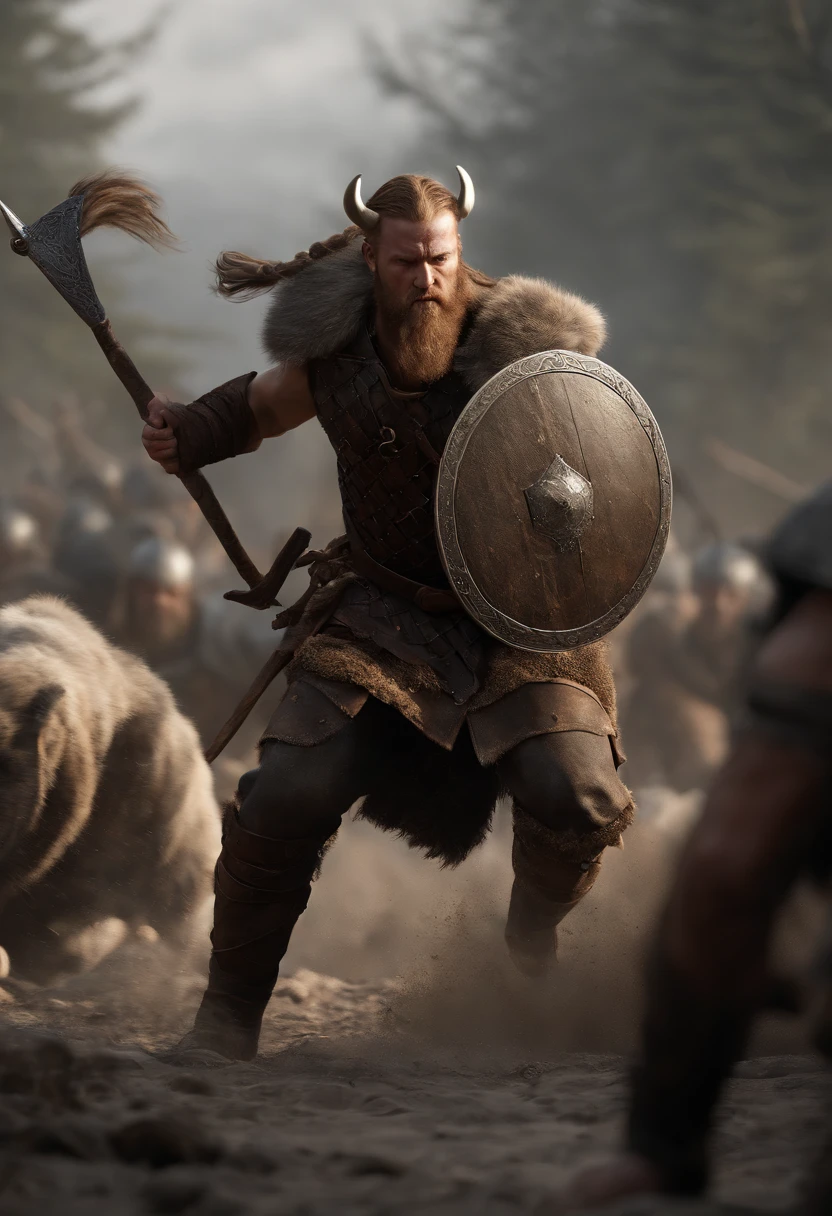 Envision a riveting scene of a battle-hardened viking charging fearlessly into the fray, covered in scars and dirt. Dive into micro-details to create a photorealistic depiction using Octane Render, capturing the intensity and realism of the moment.

Zoom in on the viking's weathered face, emphasizing the scars, dirt, and every facial detail that tells a story of countless battles. Illuminate the scene with dynamic lighting to enhance the photorealistic quality, casting shadows that add depth to the viking's fierce expression.

Highlight the viking's battle-worn attire with meticulous attention to micro-details, showcasing the textures, stains, and intricacies of the armor and clothing. Use Octane Render to bring out the realism in the materials, from the rugged leather to the metal elements that reflect the intensity of the charging motion.

Consider the environment, incorporating elements like flying debris, dynamic lighting, and a sense of motion to immerse the viewer in the chaos of battle. Utilize the rendering capabilities of Octane Render to create a visually stunning and photorealistic atmosphere that complements the viking's ferocity.

Imagine the viking in mid-charge, conveying a sense of movement and momentum. Capture the determination in his eyes, the grit on his face, and the energy of the charging pose. Craft an image that not only showcases photorealistic details but also evokes the raw emotion of the viking's fearless charge into battle.

This detailed prompt aims to inspire the creation of a fiercely realistic and photorealistic depiction of a viking charging into battle, using Octane Render to accentuate micro-details, textures, and the dynamic elements that contribute to the intensity of the scene.