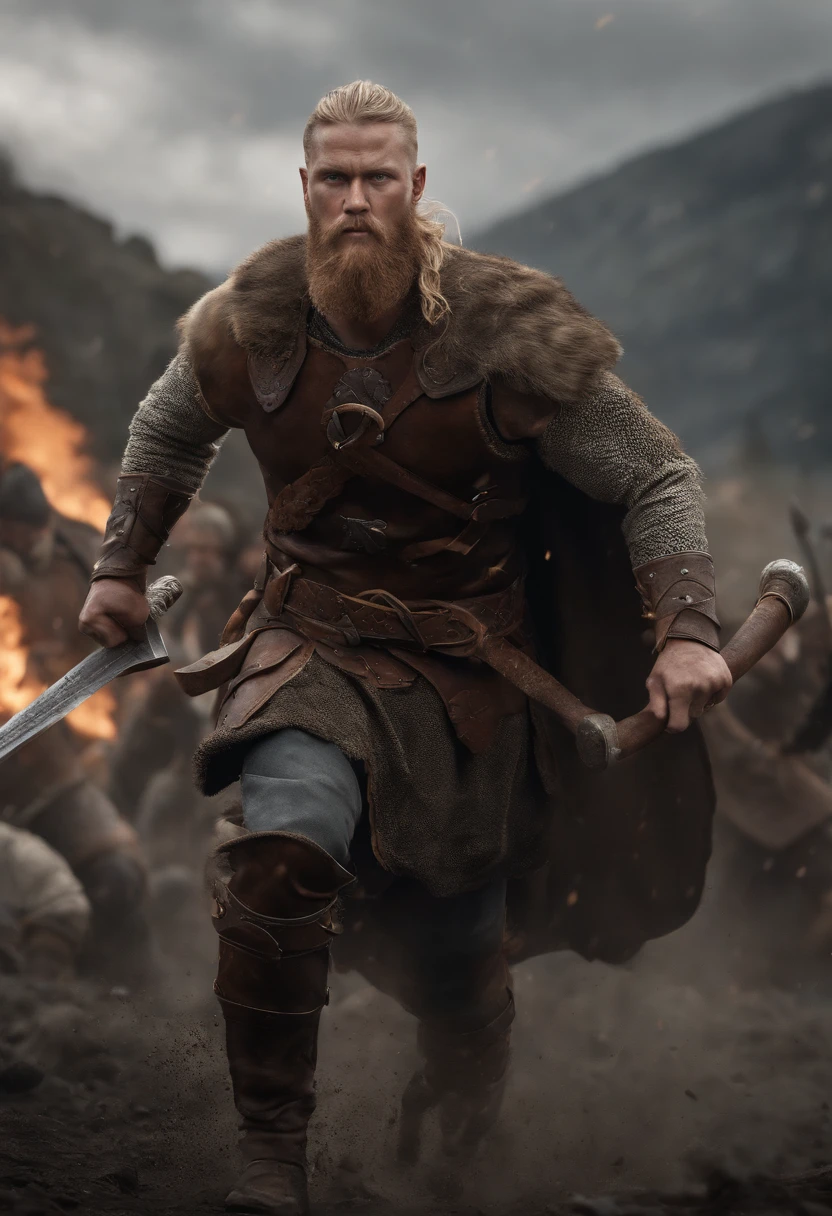 Envision a riveting scene of a battle-hardened viking charging fearlessly into the fray, covered in scars and dirt. Dive into micro-details to create a photorealistic depiction using Octane Render, capturing the intensity and realism of the moment.

Zoom in on the viking's weathered face, emphasizing the scars, dirt, and every facial detail that tells a story of countless battles. Illuminate the scene with dynamic lighting to enhance the photorealistic quality, casting shadows that add depth to the viking's fierce expression.

Highlight the viking's battle-worn attire with meticulous attention to micro-details, showcasing the textures, stains, and intricacies of the armor and clothing. Use Octane Render to bring out the realism in the materials, from the rugged leather to the metal elements that reflect the intensity of the charging motion.

Consider the environment, incorporating elements like flying debris, dynamic lighting, and a sense of motion to immerse the viewer in the chaos of battle. Utilize the rendering capabilities of Octane Render to create a visually stunning and photorealistic atmosphere that complements the viking's ferocity.

Imagine the viking in mid-charge, conveying a sense of movement and momentum. Capture the determination in his eyes, the grit on his face, and the energy of the charging pose. Craft an image that not only showcases photorealistic details but also evokes the raw emotion of the viking's fearless charge into battle.

This detailed prompt aims to inspire the creation of a fiercely realistic and photorealistic depiction of a viking charging into battle, using Octane Render to accentuate micro-details, textures, and the dynamic elements that contribute to the intensity of the scene.