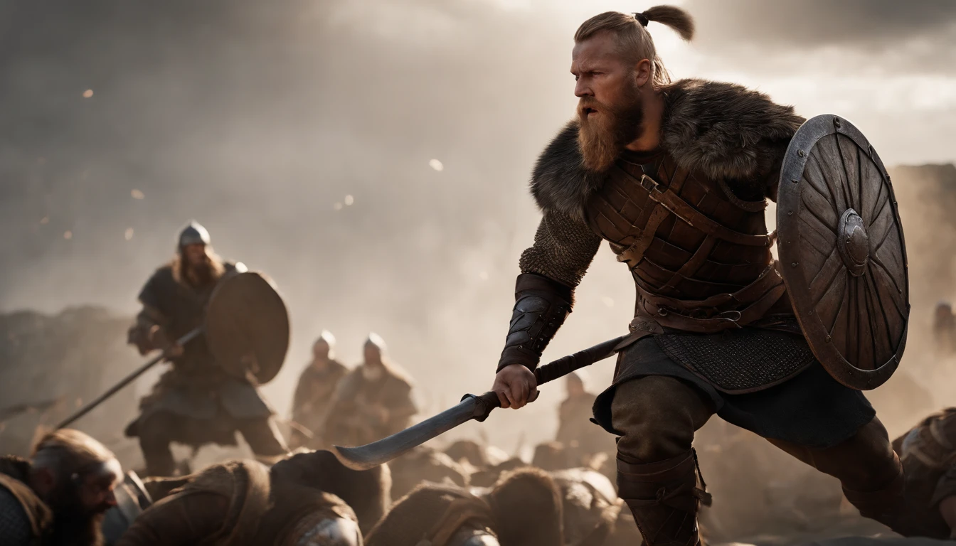 Envision a riveting scene of a battle-hardened viking charging fearlessly into the fray, covered in scars and dirt. Dive into micro-details to create a photorealistic depiction using Octane Render, capturing the intensity and realism of the moment.
Zoom in on the viking's weathered face, emphasizing the scars, dirt, and every facial detail that tells a story of countless battles. Illuminate the scene with dynamic lighting to enhance the photorealistic quality, casting shadows that add depth to the viking's fierce expression.
Highlight the viking's battle-worn attire with meticulous attention to micro-details, showcasing the textures, stains, and intricacies of the armor and clothing. Use Octane Render to bring out the realism in the materials, from the rugged leather to the metal elements that reflect the intensity of the charging motion.
Consider the environment, incorporating elements like flying debris, dynamic lighting, and a sense of motion to immerse the viewer in the chaos of battle. Utilize the rendering capabilities of Octane Render to create a visually stunning and photorealistic atmosphere that complements the viking's ferocity.
Imagine the viking in mid-charge, conveying a sense of movement and momentum. Capture the determination in his eyes, the grit on his face, and the energy of the charging pose. Craft an image that not only showcases photorealistic details but also evokes the raw emotion of the viking's fearless charge into battle.
This detailed prompt aims to inspire the creation of a fiercely realistic and photorealistic depiction of a viking charging into battle, using Octane Render to accentuate micro-details, textures, and the dynamic elements that contribute to the intensity of the scene.