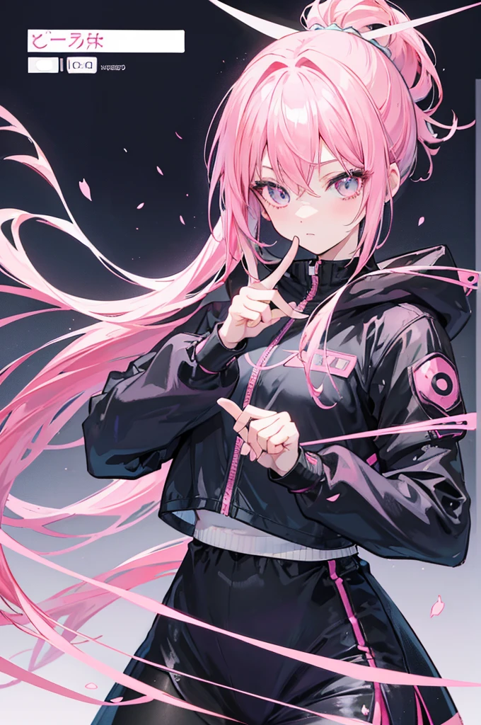 Anime girl with pink hair and black jacket holding mobile phone, Anime cute art style, Lolish, android heroine, perfect android girl, Pink ponytail hair and cyan eyes, Magical girl style, Demon anime girl, guweiz, with index finger, The highest rating on PixiV, anime figure, portrait of the magical girl, perfect android girl family