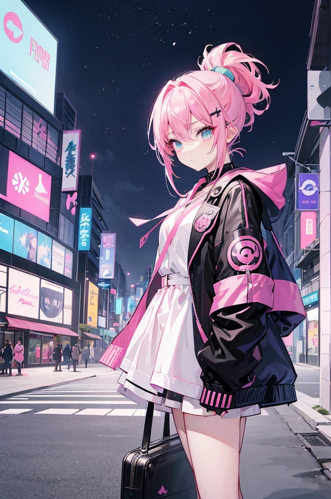 Anime girl with pink hair and black jacket holding mobile phone, Anime cute art style, Lolish, android heroine, perfect android girl, Pink ponytail hair and cyan eyes, Magical girl style, Demon anime girl, guweiz, with index finger, The highest rating on PixiV, anime figure, portrait of the magical girl, perfect android girl family