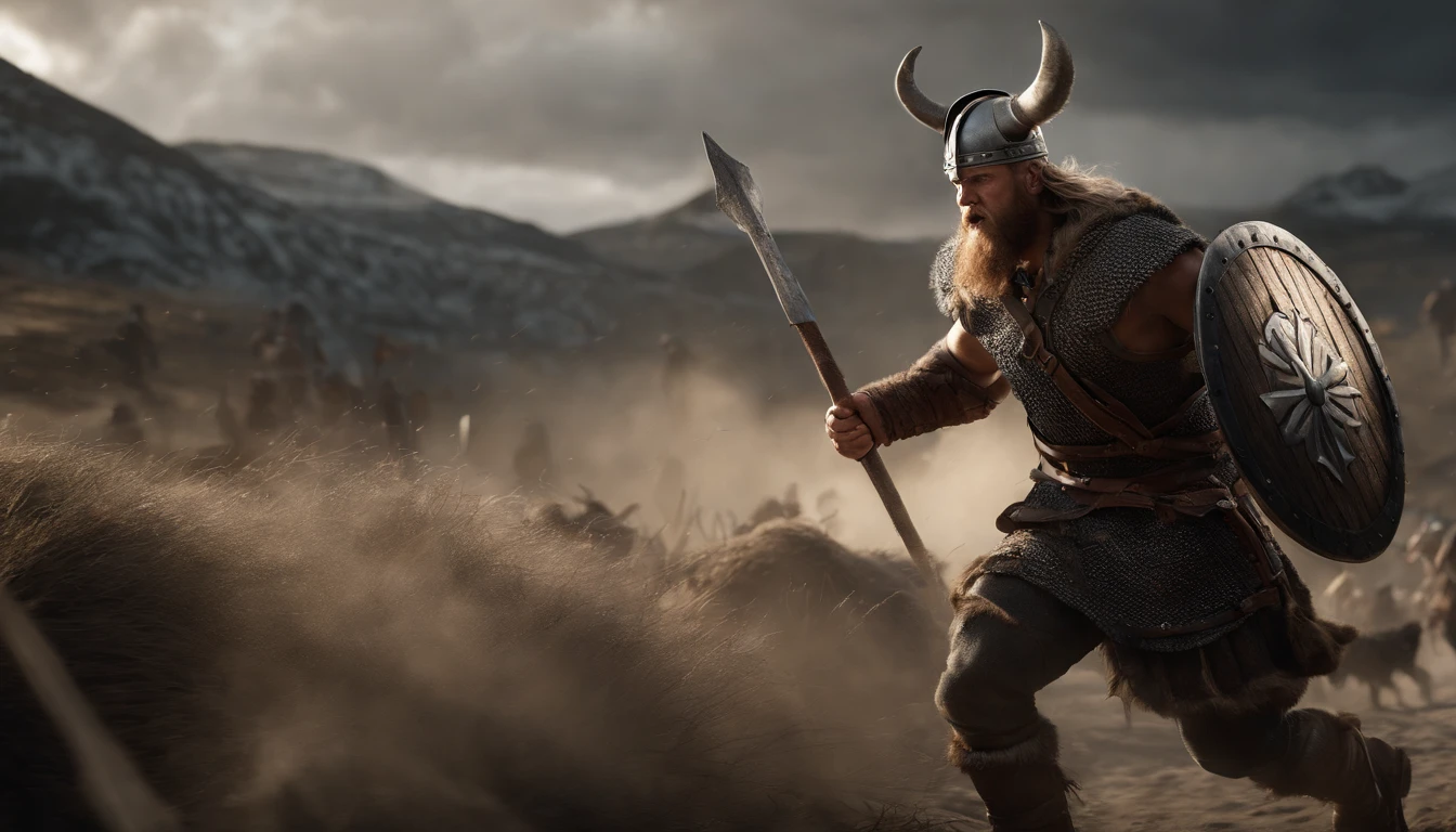 Envision a riveting scene of a battle-hardened viking charging fearlessly into the fray, covered in scars and dirt. Dive into micro-details to create a photorealistic depiction using Octane Render, capturing the intensity and realism of the moment.
Zoom in on the viking's weathered face, emphasizing the scars, dirt, and every facial detail that tells a story of countless battles. Illuminate the scene with dynamic lighting to enhance the photorealistic quality, casting shadows that add depth to the viking's fierce expression.
Highlight the viking's battle-worn attire with meticulous attention to micro-details, showcasing the textures, stains, and intricacies of the armor and clothing. Use Octane Render to bring out the realism in the materials, from the rugged leather to the metal elements that reflect the intensity of the charging motion.
Consider the environment, incorporating elements like flying debris, dynamic lighting, and a sense of motion to immerse the viewer in the chaos of battle. Utilize the rendering capabilities of Octane Render to create a visually stunning and photorealistic atmosphere that complements the viking's ferocity.
Imagine the viking in mid-charge, conveying a sense of movement and momentum. Capture the determination in his eyes, the grit on his face, and the energy of the charging pose. Craft an image that not only showcases photorealistic details but also evokes the raw emotion of the viking's fearless charge into battle.
This detailed prompt aims to inspire the creation of a fiercely realistic and photorealistic depiction of a viking charging into battle, using Octane Render to accentuate micro-details, textures, and the dynamic elements that contribute to the intensity of the scene.