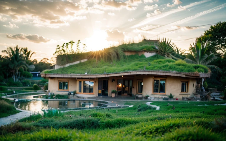 A photograph of a symmetrical contemporary house with (((one waved green roof))) and (((biological pool))) in a tropical backyard, mustard yellow terracota plaster walls (((rustic clay stucco))), ((corner walls rounded)), ((rustic clay plaster)), (((terracotta walls with rounded corners, organic curves))), (((rustic earth plaster, mud))), (((wave-shaped green roof with wooden edge))), (((wooden roof structure, wooden rake, wooden fascia board))), eaves, porch with wooden pillar, ((roof with wooden structure)), In Bali (((Tropical garden))), ((natural houses, organic buildings, organic architecture)), Ecovillage, sustainable architecture, Bioconstruction architecture, solarpunk architecture, (((grass roof, green roof, green wave roof, rounded roof, vegetated roofs))), ((green architecture)), Passive house, (((Rock Foundation))), Clear sky in the background, painful beauty, modern, imposing, green house, ((Bali hobbit Hadid Style)), super resolution, cinematic, color grading, editorial photography, photography, photo shoot, (((dramatic front eye top angle view))), O 50mm, depth of field, intricate details, natural colors, sharp focus, warm light, shutter speed 1/1000, F/22, White Balance, Ray Trace Reflections, Lumen Reflections, Screen Space Reflections, Diffraction Rating, Chromatic Aberration, GB Shift, Partial Lighting, Backlighting, Daylighting, Scan Lines, ambient occlusion, antialiasing, shaders, OpenGL-Shaders, GLSL-Shaders, Post-processing, post-production, shading, tone mapping, incredibly detailed and complex, hypermaximalist, elegant, hyperrealistic, super detailed, dynamic pose, Fujifilm XT