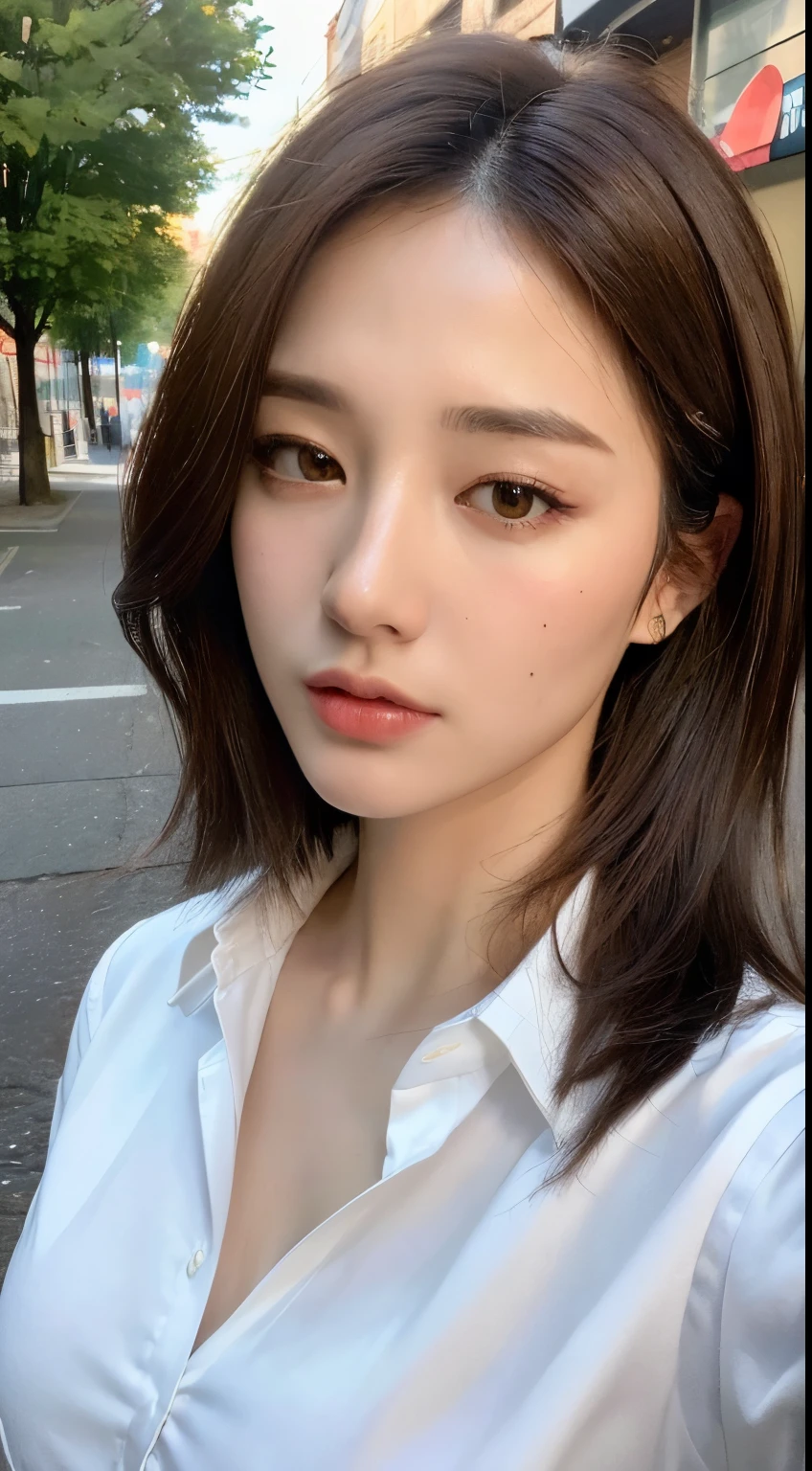 ((Best quality, 8k, Masterpiece :1.3)), Sharp focus :1.2, A pretty woman with perfect figure :1.4, Slender abs :1.2, ((Dark brown hair, Big breasts :1.2)), (White button up long shirt :1.1), City street:1.2, Highly detailed face and skin texture, Detailed eyes, Double eyelid