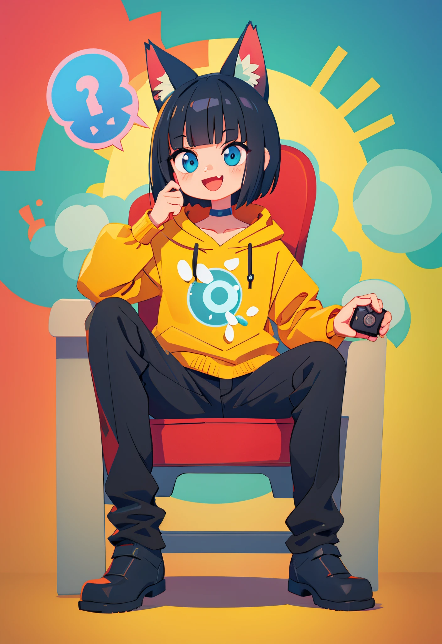 best quality, masterpiece, highly detailed, kawaii,
BREAK (short boy:1.3), 1boy, solo, (short hair, straight hair, black hair, blunt bangs, azure eyes:1.3), (wolf ears), choker, fangs, blush, (realistic:0.8), (sitting in chair, holding a gaming control.)
(oversized clothes, puffy sleeves, red and yellow hoodie, black boots, black pants), happy, :D,
BREAK cute aesthetic illustration, stylized digital art, colorful paint style,