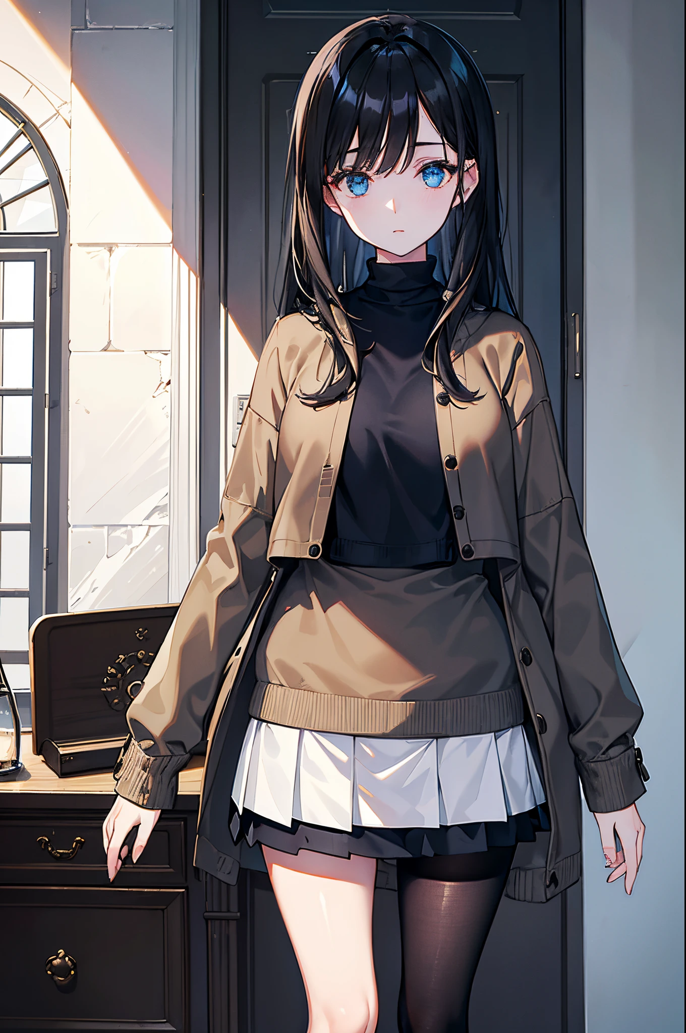 A dark-haired blue eyess White mini skirt Brown sweater Black tights green coat in a house pension masterpiece Top image quality Clear cinematic shadow Increased attractiveness of the eyes Clear the shine of the eyes Draw eyelashes neatly Perfect Eye A detailed eye Sharpen image quality Sharpen eye writing Clear eye shape