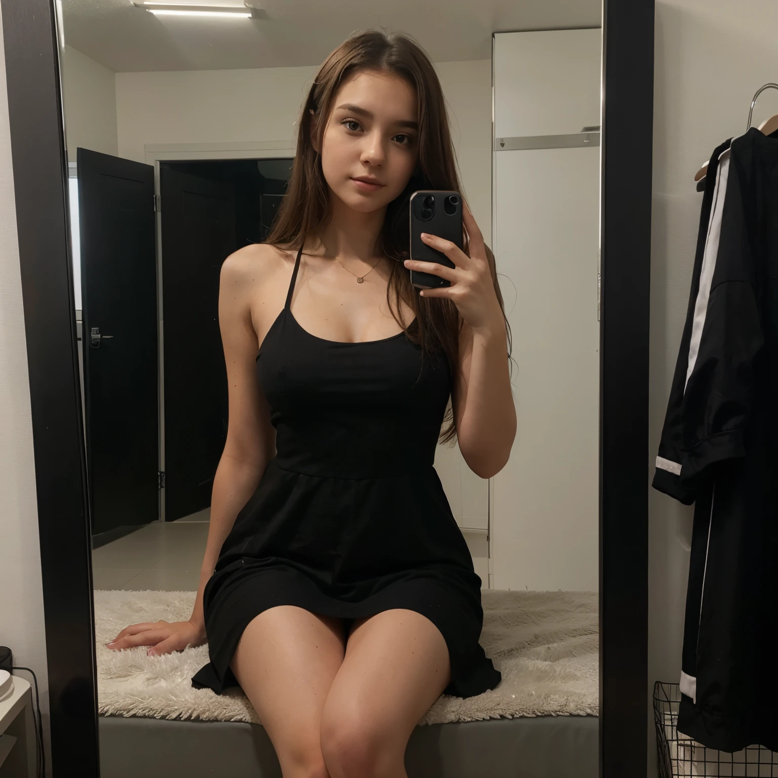 there is a woman taking a picture of herself in a mirror, poggers, wearing black dress, on a hot australian day, full photo, 1 6 , booth. pm, dirty mirror, sitting on bent knees, victoria siemer, sexy, front photo, poorly lit, eboy, ny, pokimane, stick figure, half body cropping, big thighs, sitting on a bed, cute, very beautiful girl, eastern European, brown hair