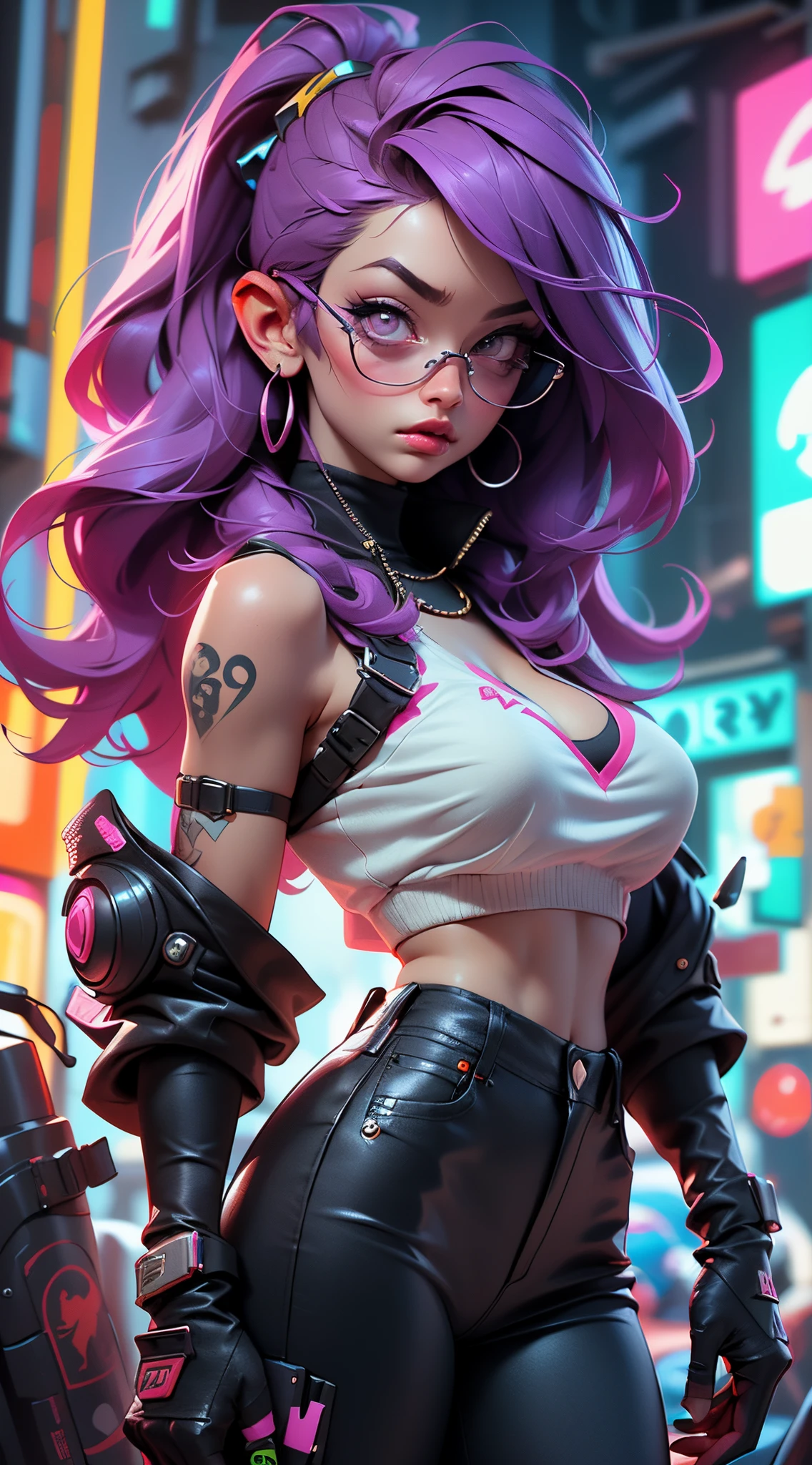 Hermosa cybergoth Female bunny hybrid, only skin, Athletic and well-toned body, neon colored fluffy fur bikini, Neon Color Fluffy Fur Long Rabbit Ears, Neon white leather gloves and high boots, Incredible chrome mechanical parts, just dressed, Tema cybergoth, Cyberpunk theme, Dancing inside a nightclub, beautiful D&D Character portrait, beautiful Face, ominous, dark fantasy, Octane rendering, Digital art, extreme detail, 4k, ultra high definition, pulido, beautiful, hyperdetailed, Intricate, elaborate, meticulous, photorealistic, sharp focus, Oh!, character design, unreal engine, 3d rendering, volumetric lighting, reflections, Glossy, digital illustration, sensual pose, suggestive pose, full body shot ((big boobs))