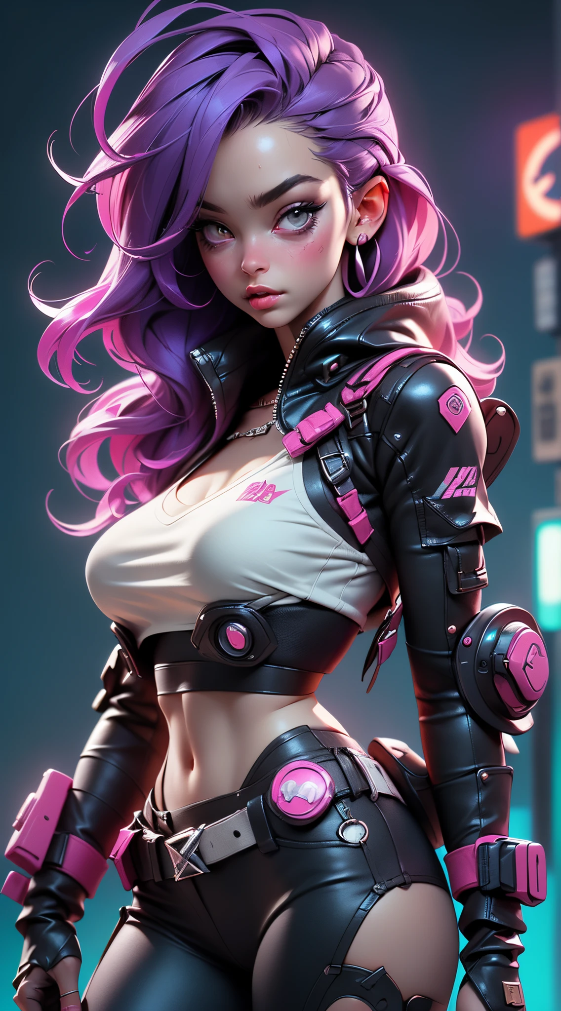 there is Margot Robbie, royal blue and bright purple neon streaked hair, hair in pony tail, 3 d neon art of a womans body, neon-noir background, cyberpunk femme fatale, seductive cyberpunk dark fantasy, cyberpunk strip clubs, cyberpunk 20 y. o model girl, oppai cyberpunk, banner, high definition cgsociety, cgsociety masterpiece, trending on cgstation, kda, random hair, looking at camera, gigantic breasts, cleavage, (high detailed skin:1.2), 8k uhd, dslr, super lighting, high quality, film grain, high res, highly detailed, hyper realistic, beautiful face, beautiful body, beautiful eyes nose lips, alluring expression, very bold, upper visible, full body photo, standing legs apart, pale translucent glowing skin, most beautiful face, cute, (well defined pubic hair:1.2)), (dark plain black background:1.4))