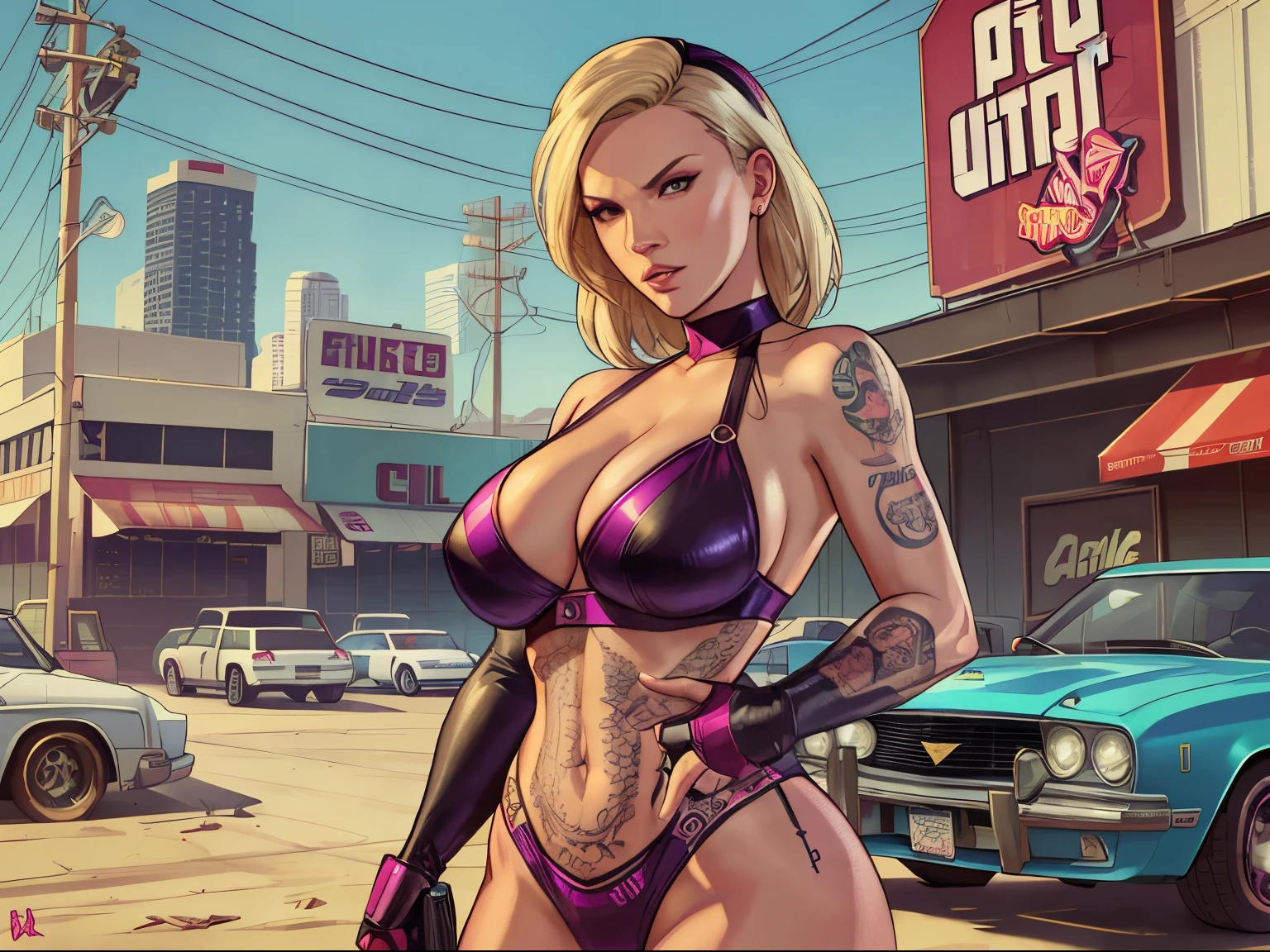 Alexis Texas as [female] GTA5 Character/wearing cosplay hooker outfit / Huge Breasts 42G/ hidden areola / milf , thin waist , heavy eyeshadow, numerous tattoos / GTAV Loading Screen 2D art, , cinematic composition, standing in front of a laundromat, shaders, dark cinematic lighting, soft contrast, GTA5 loading screen, gta art, wallpaper 4 k, wallpaper 4k, hq 4k wallpaper, gta loading screen art, fan art, rockstar games art /