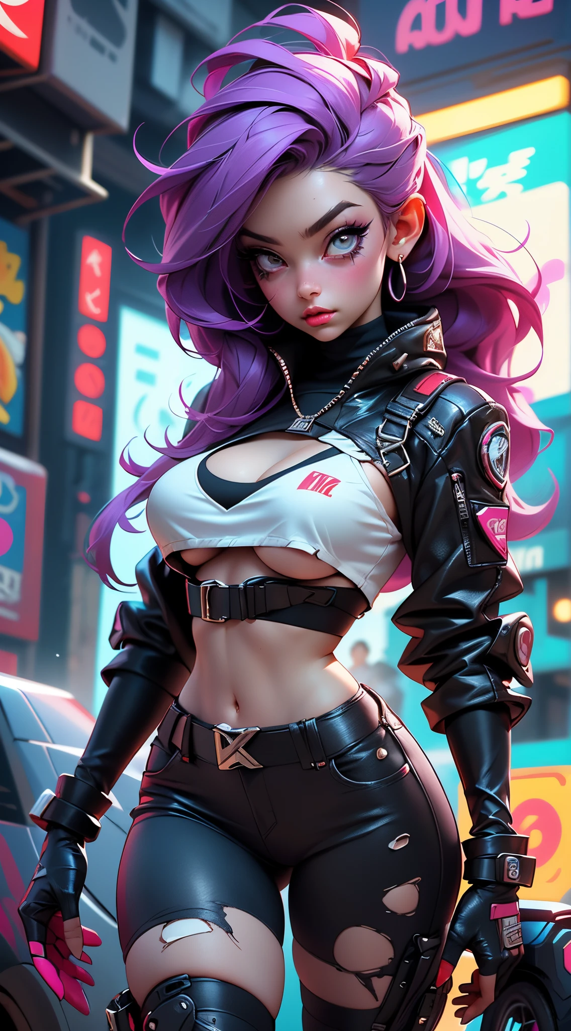 ((Best Quality, best resolution, award-winning portrait, official art)), ((perfect Masterpiece)), ((Realistic)) and ultra-detailed photography of a 1nerdy cyberpunk girl with goth and post apocalyptic colors. She has ((long purple hair)), wears a (Harajuku-inspired cyberpunk tech-wear top) and a (Harajuku-inspired cyberpunk tech-wear bottom:1.2) , ((the most beautiful and sexy aesthetic)), sexy, super huge enormously gigantic tits, cleavage showing, hot, sexy, seductive, slutty