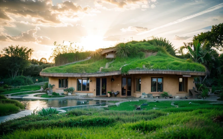 A photograph of a symmetrical contemporary house with (((one waved green roof))) and (((biological pool))) in a tropical backyard, mustard yellow terracota plaster walls (((rustic clay stucco))), ((corner walls rounded)), ((rustic clay plaster)), (((terracotta walls with rounded corners, organic curves))), (((rustic earth plaster, mud))), (((wave-shaped green roof with wooden edge))), (((wooden roof structure, wooden rake, wooden fascia board))), eaves, porch with wooden pillar, ((roof with wooden structure)), In Bali (((Tropical garden))), ((natural houses, organic buildings, organic architecture)), Ecovillage, sustainable architecture, Bioconstruction architecture, solarpunk architecture, (((grass roof, green roof, green wave roof, rounded roof, vegetated roofs))), ((green architecture)), Passive house, (((Rock Foundation))), Clear sky in the background, painful beauty, modern, imposing, green house, ((Bali hobbit Hadid Style)), super resolution, cinematic, color grading, editorial photography, photography, photo shoot, (((dramatic front eye top angle view))), O 50mm, depth of field, intricate details, natural colors, sharp focus, warm light, shutter speed 1/1000, F/22, White Balance, Ray Trace Reflections, Lumen Reflections, Screen Space Reflections, Diffraction Rating, Chromatic Aberration, GB Shift, Partial Lighting, Backlighting, Daylighting, Scan Lines, ambient occlusion, antialiasing, shaders, OpenGL-Shaders, GLSL-Shaders, Post-processing, post-production, shading, tone mapping, incredibly detailed and complex, hypermaximalist, elegant, hyperrealistic, super detailed, dynamic pose, Fujifilm XT