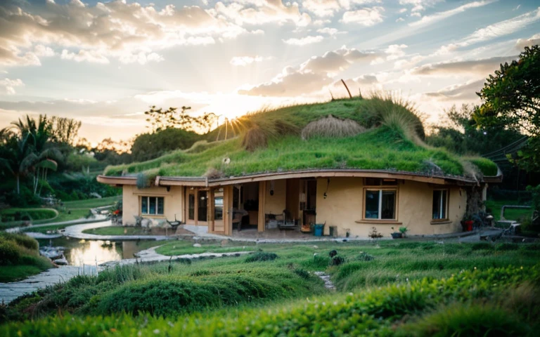 A photograph of a symmetrical contemporary house with (((one waved green roof))) and (((biological pool))) in a tropical backyard, mustard yellow terracota plaster walls (((rustic clay stucco))), ((corner walls rounded)), ((rustic clay plaster)), (((terracotta walls with rounded corners, organic curves))), (((rustic earth plaster, mud))), (((wave-shaped green roof with wooden edge))), (((wooden roof structure, wooden rake, wooden fascia board))), eaves, porch with wooden pillar, ((roof with wooden structure)), In Bali (((Tropical garden))), ((natural houses, organic buildings, organic architecture)), Ecovillage, sustainable architecture, Bioconstruction architecture, solarpunk architecture, (((grass roof, green roof, green wave roof, rounded roof, vegetated roofs))), ((green architecture)), Passive house, (((Rock Foundation))), Clear sky in the background, painful beauty, modern, imposing, green house, ((Bali hobbit Hadid Style)), super resolution, cinematic, color grading, editorial photography, photography, photo shoot, (((dramatic front eye top angle view))), O 50mm, depth of field, intricate details, natural colors, sharp focus, warm light, shutter speed 1/1000, F/22, White Balance, Ray Trace Reflections, Lumen Reflections, Screen Space Reflections, Diffraction Rating, Chromatic Aberration, GB Shift, Partial Lighting, Backlighting, Daylighting, Scan Lines, ambient occlusion, antialiasing, shaders, OpenGL-Shaders, GLSL-Shaders, Post-processing, post-production, shading, tone mapping, incredibly detailed and complex, hypermaximalist, elegant, hyperrealistic, super detailed, dynamic pose, Fujifilm XT