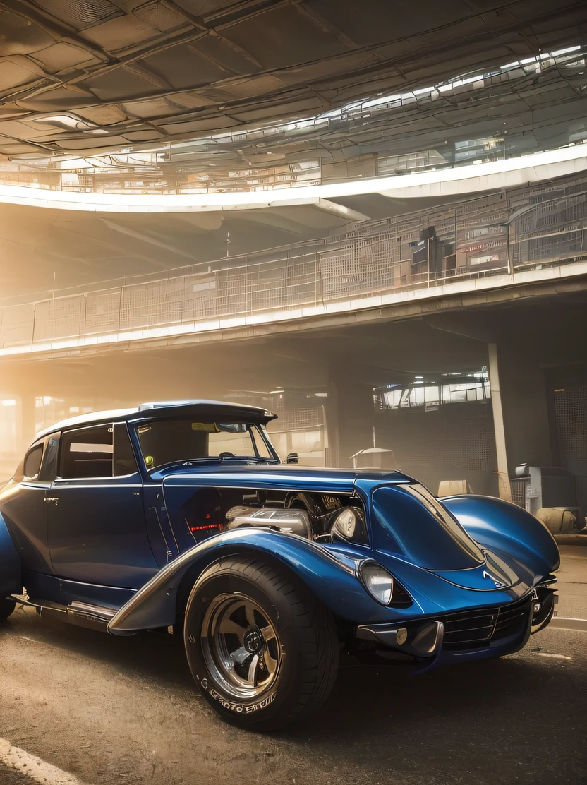 ((masterpiece、top-quality、realisitic、ultra-detailliert、hight resolution、Photorealsitic、foco nítido、photographrealistic、Raw photography、lighting like a movie))、car park、((Futuristic Cyberpunk Hot Rod))、(With glowing tires)、3/4Front view、Cool car