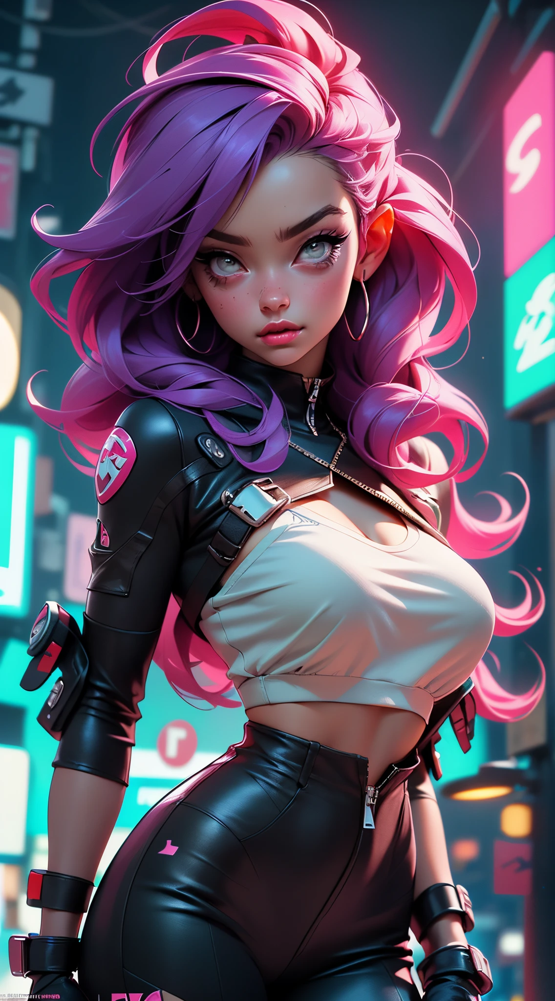 ((Best Quality, best resolution, award-winning portrait, official art)), ((perfect Masterpiece)), ((Realistic)) and ultra-detailed photography of a 1 nerdy cyberpunk girl with goth and post apocalyptic colors. She has ((long caramel-colored hair)), wears a (Harajuku-inspired cyberpunk tech-wear top) and a (Harajuku-inspired cyberpunk tech-wear bottom:1.2) , ((the most beautiful and sexy aesthetic)), small tits, cleavage showing, hot, sexy, seductive, slutty, cameltoe,