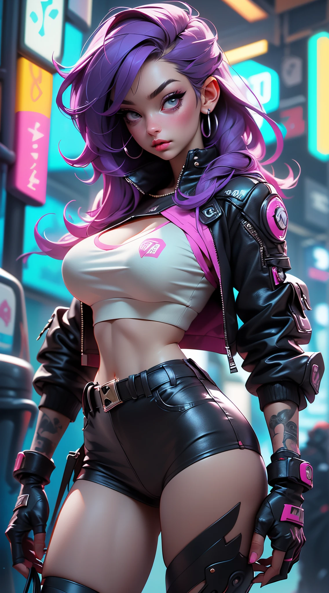 ((Best Quality, best resolution, award-winning portrait, official art)), ((perfect Masterpiece)), ((Realistic)) and ultra-detailed photography of a 1nerdy cyberpunk girl with goth and post apocalyptic colors. She has ((long purple hair)), wears a (Harajuku-inspired cyberpunk tech-wear top) and a (Harajuku-inspired cyberpunk tech-wear bottom:1.2) , ((the most beautiful and sexy aesthetic)), sexy, super huge enormously gigantic , cleavage showing, hot, sexy, seductive, slutty