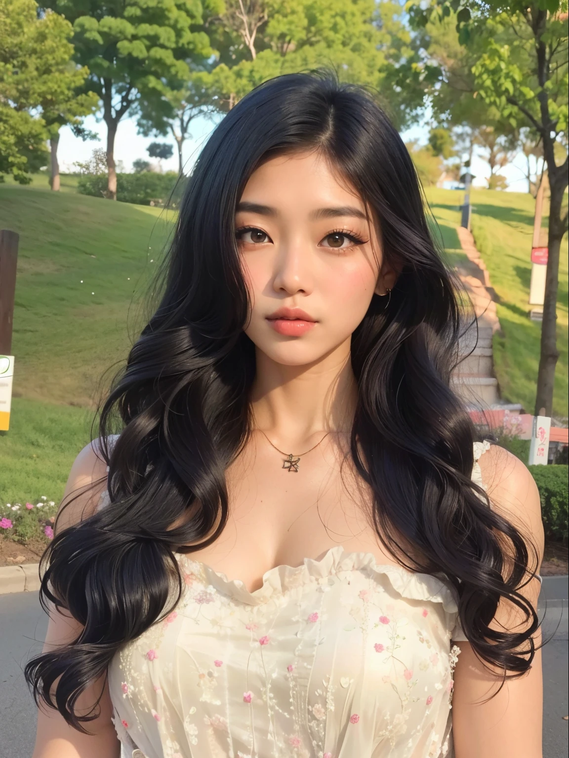 um close up de uma mulher com cabelo comprido usando um vestido, Asian girl with long hair, cabelos pretos longos ondulados, large eyes and flowing long hair, com cabelos longos e olhos penetrantes, asian features, linda mulher coreana jovem, longos cabelos negros ondulados, Beautiful Asian girl, Mulher sul-coreana bonita, ondulado longo - comprimento cabelo preto, cabelos pretos e olhos grandes