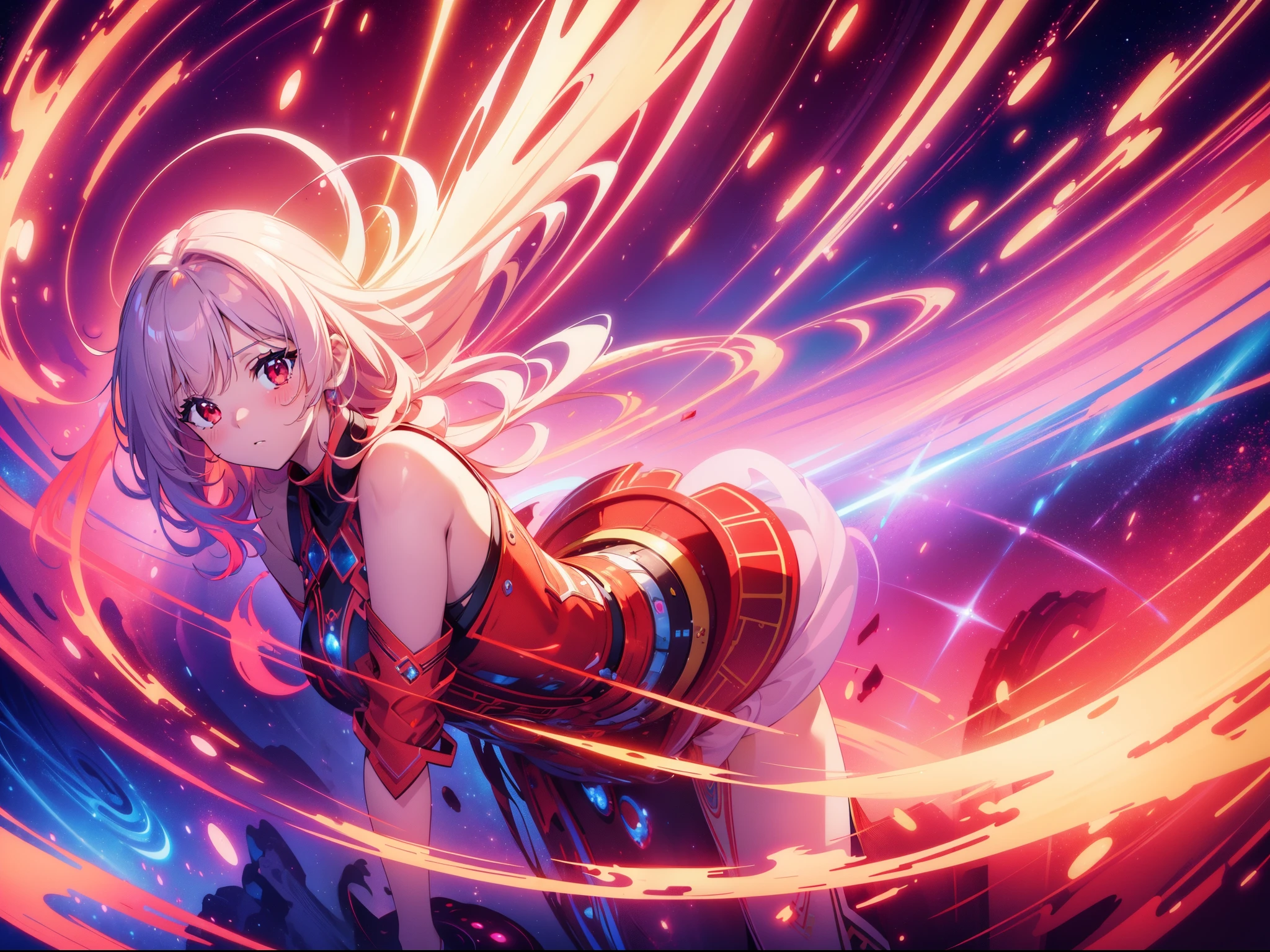 1 cute girl, (floating in red helix) , distorted space , close to viewer, cowboy shot, character focus , (fantasy art), fantasy world , Dutch angle, cinematic lighting, high resolution,(incredibly absurdres) ,extremely detailed CG unity 8k wallpaper, ((masterpiece)), ((top-quality)), (beautiful illustration,background Tento), ((an extremely delicate and beautiful))