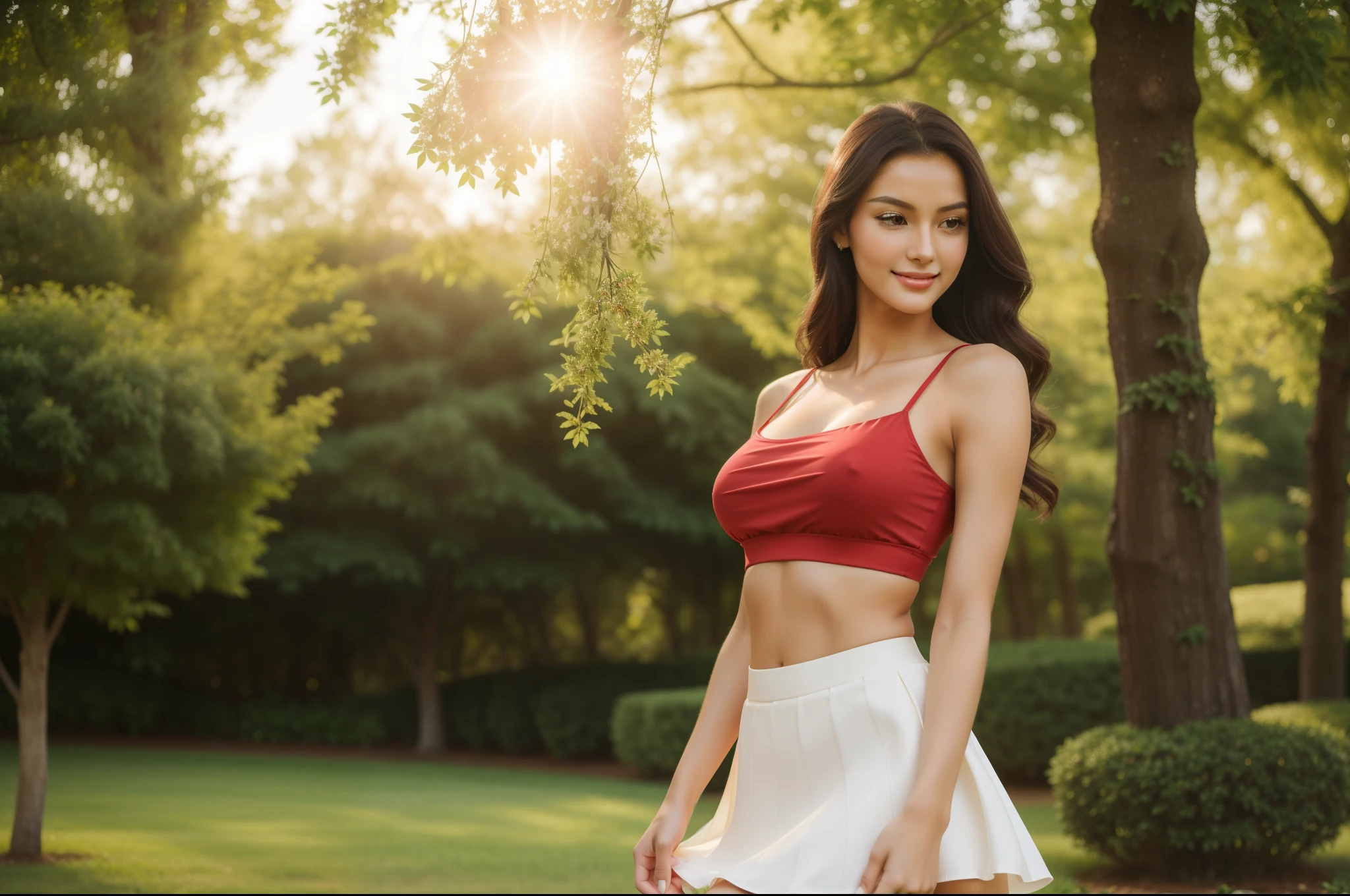(best quality,4k,8k,highres,masterpiece:1.2),ultra-detailed,(realistic,photorealistic,photo-realistic:1.37),A beautiful girl alone is having a photo session in the frontyard of a red house,(((1girl))),(18years old),[the face is combination of (((irene1:1.2))) and (((Excella_er5:1.2)))],beautiful detailed eyes,beautiful detailed lips,extremely detailed eyes and face,long eyelashes,gorgeous girl,feminine charm,pearl skin,(skin pores:1.1),extremely detailed face and skin texture,(skin texture:1.1),black hair,soft and smooth hair,tall and slender body,(192cm tall),thin and delicate figure,graceful posture,strong and defined muscles,flawless skin,defined abs,perfect curves,feminine appearance,beautiful long legs,embodying elegance and beauty,happy expression,full-smile,seductive eyes and sensual lips,(large breasts,cleavage breasts), (wearing a sexy (red) crop-top:1.3), (no panty),(ultra-short (red) sports-skirt:1.3),smiling,confident,stylish,outdoor,long,flowing hair,natural sunlight,soft golden glow,green grass,flowers blooming,white picket fence,vibrant colors,professional photographer,camera,posing gracefully,striking a pose,natural and candid shots,breathtaking expressions,lovely facial features,fashionable accessories,flawless skin,expressive gestures,joyful energy,classy and elegant,storybook atmosphere,magical and enchanting,ethereal and dreamlike,whimsical lighting,sun rays peeking through the trees,fluttering butterflies,soft breeze through her hair,harmony between nature and beauty.