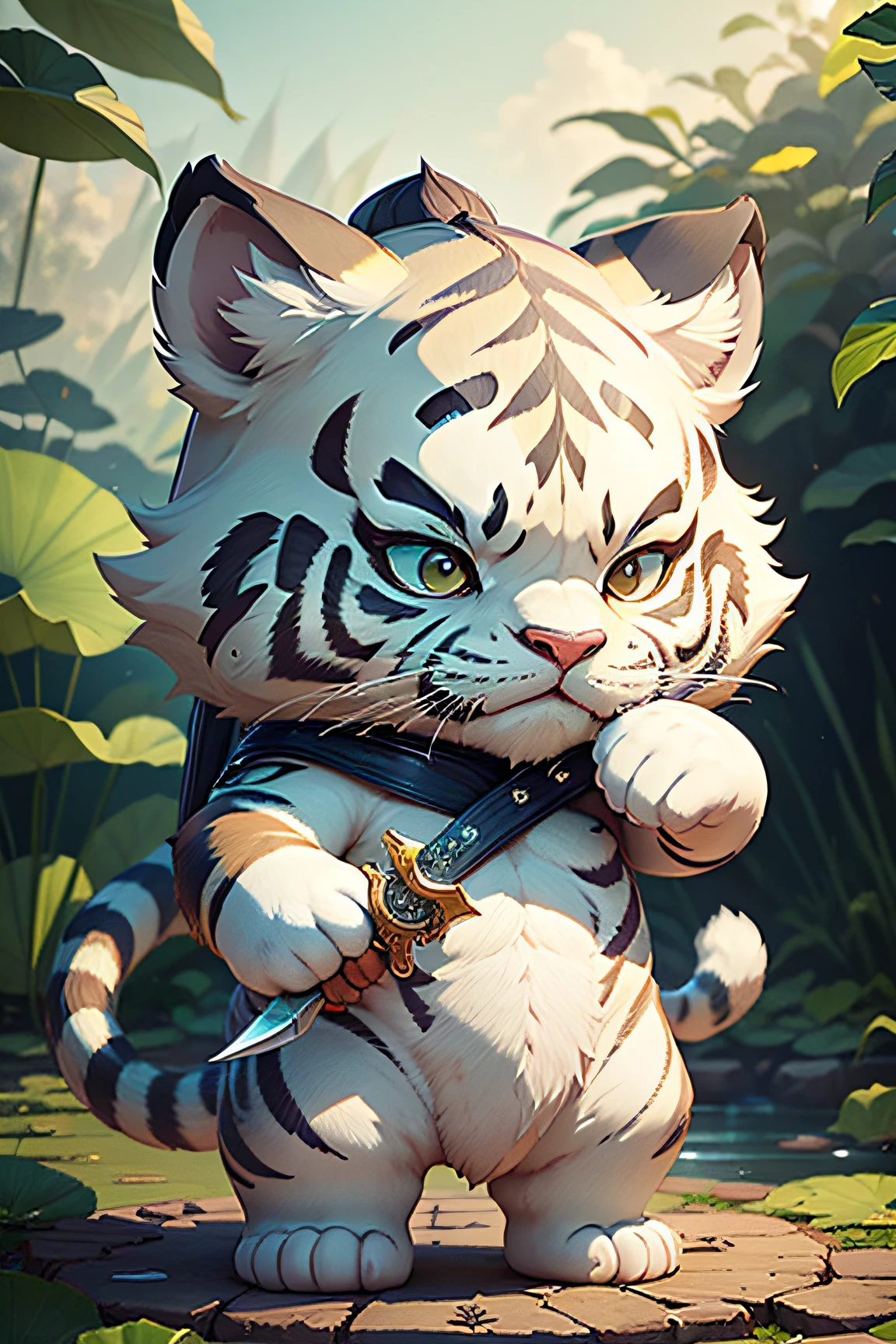 c4tt4stic,Cartoon white tiger carrying a Qinglong Yanyue knife,Stand on a lotus leaf,Cute expressions